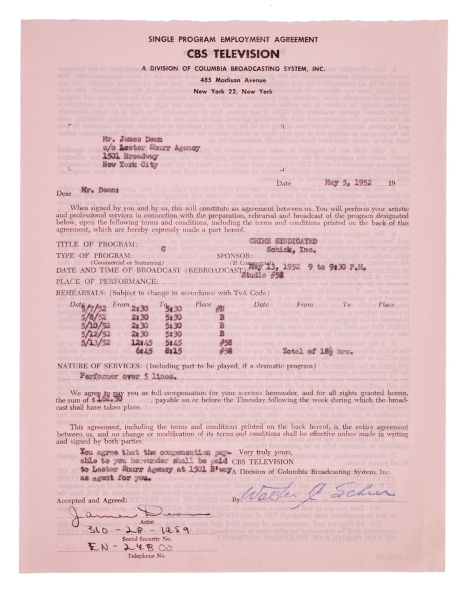 JAMES DEAN | SIGNED 1952 "CRIME SYNDICATE" TV CONTRACT