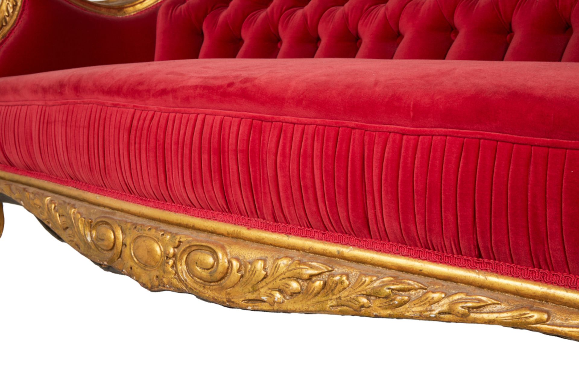 THE GOLDBERGS | SCARLET VELVET TUFFETED COUCH - Image 11 of 21