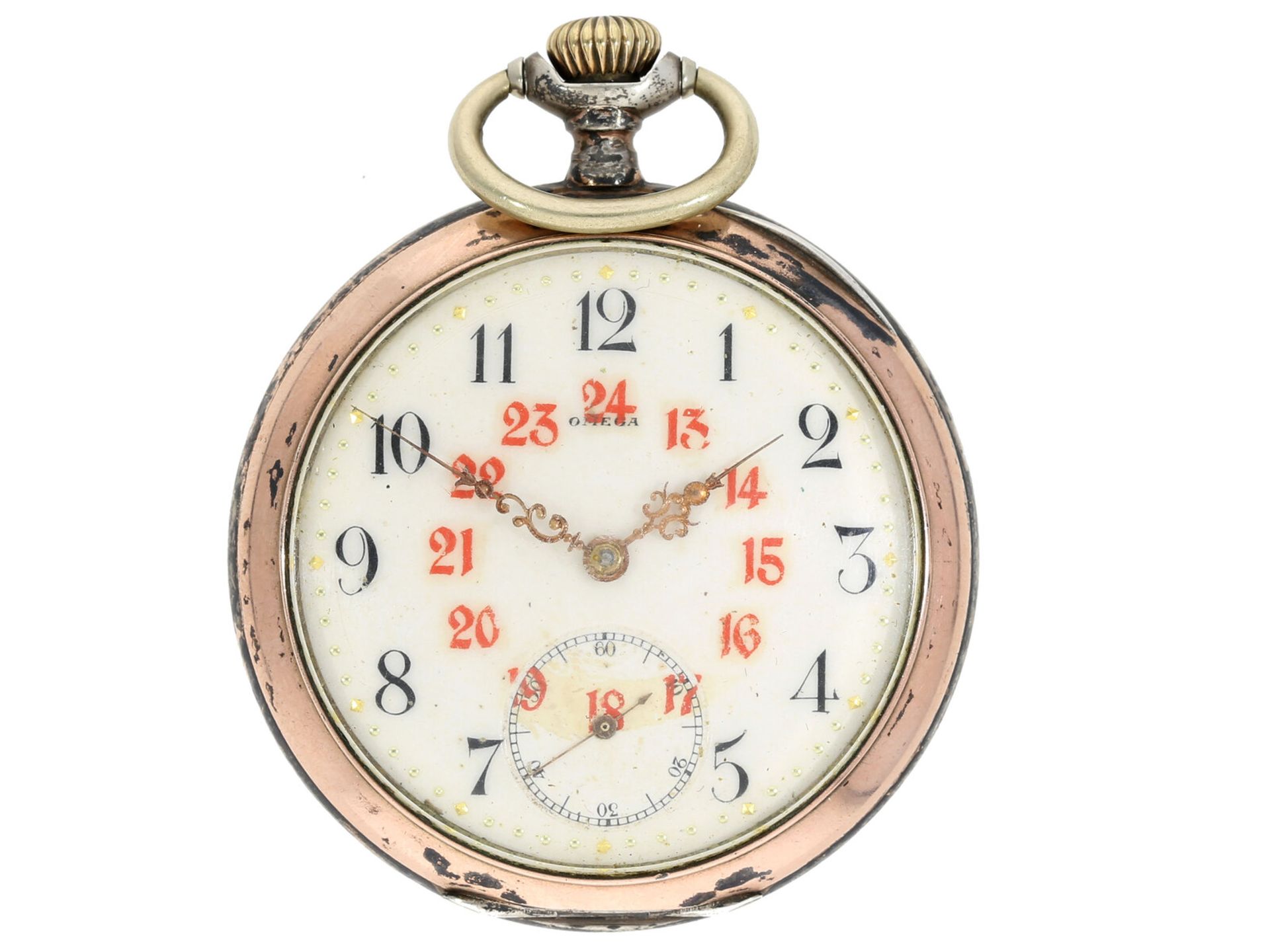 Silberne Omega Taschenuhr mit Uhrenkette und Medaillon, um 1900