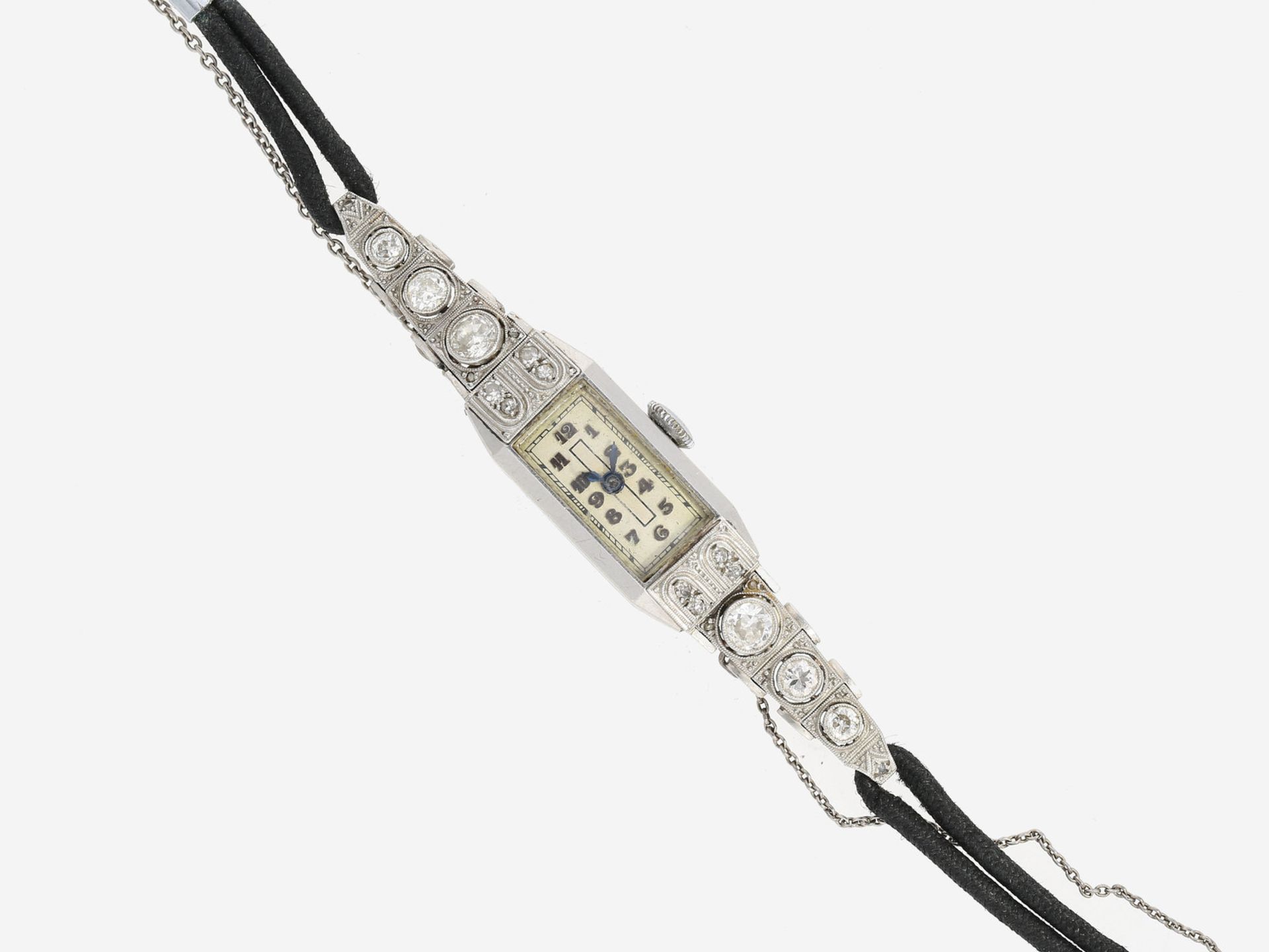 Armbanduhr: attraktive Art déco Damenuhr aus Platin mit Diamantbesatz, ca. 1,1ct, ca. 1920 - Bild 4 aus 4