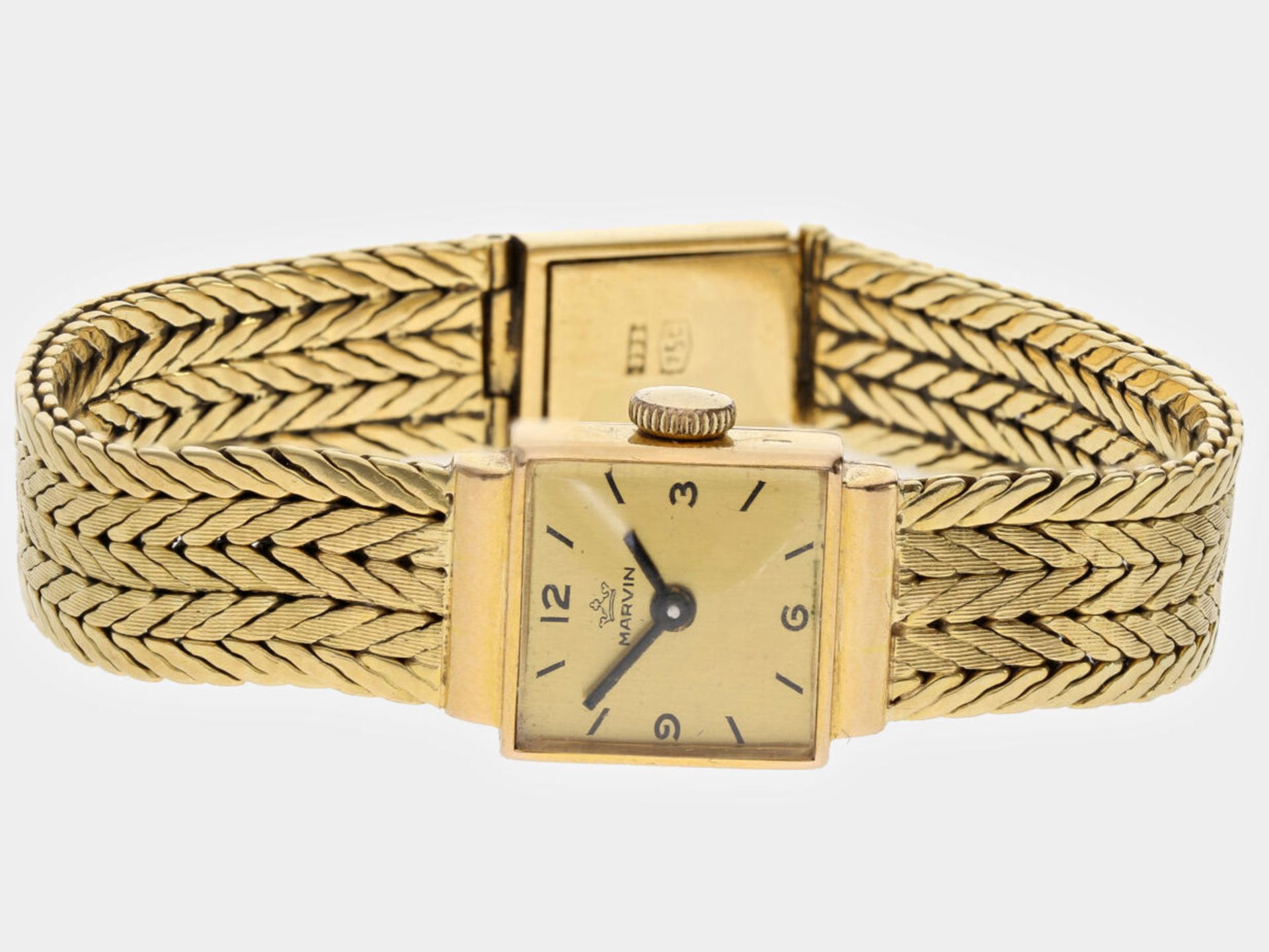 Armbanduhr: vintage Damenuhr aus 18K Gelbgold, Zifferblatt signiert "Marvin"