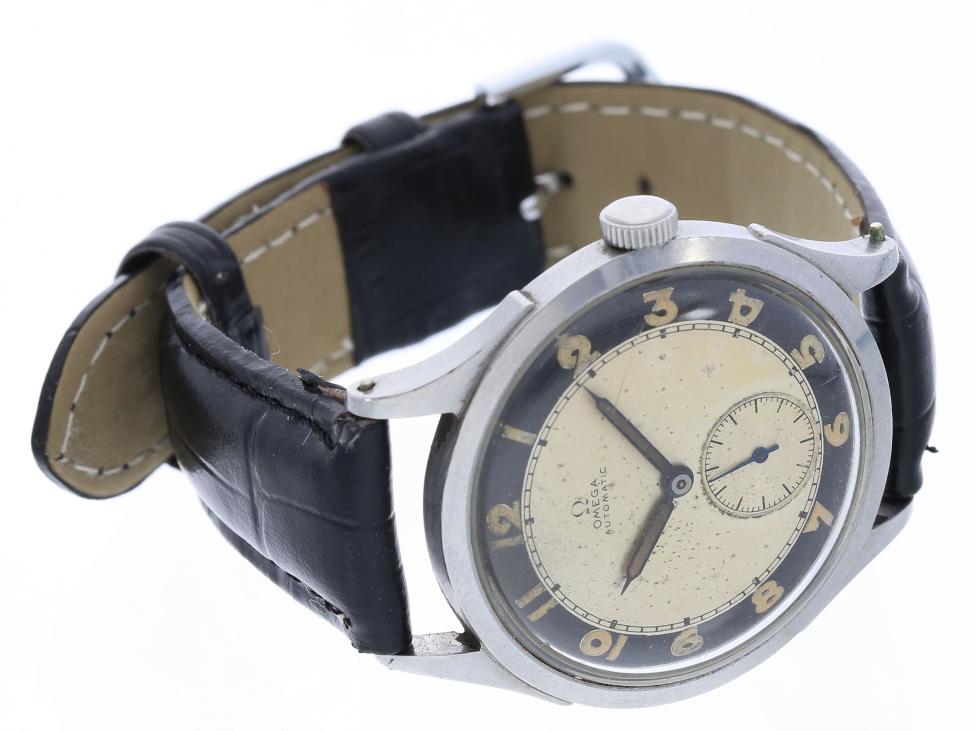 Armbanduhr: große, frühe Stahl-Herrenuhr mit Hammer-Automatik, Omega, Art déco, ca.1939 - Bild 2 aus 3