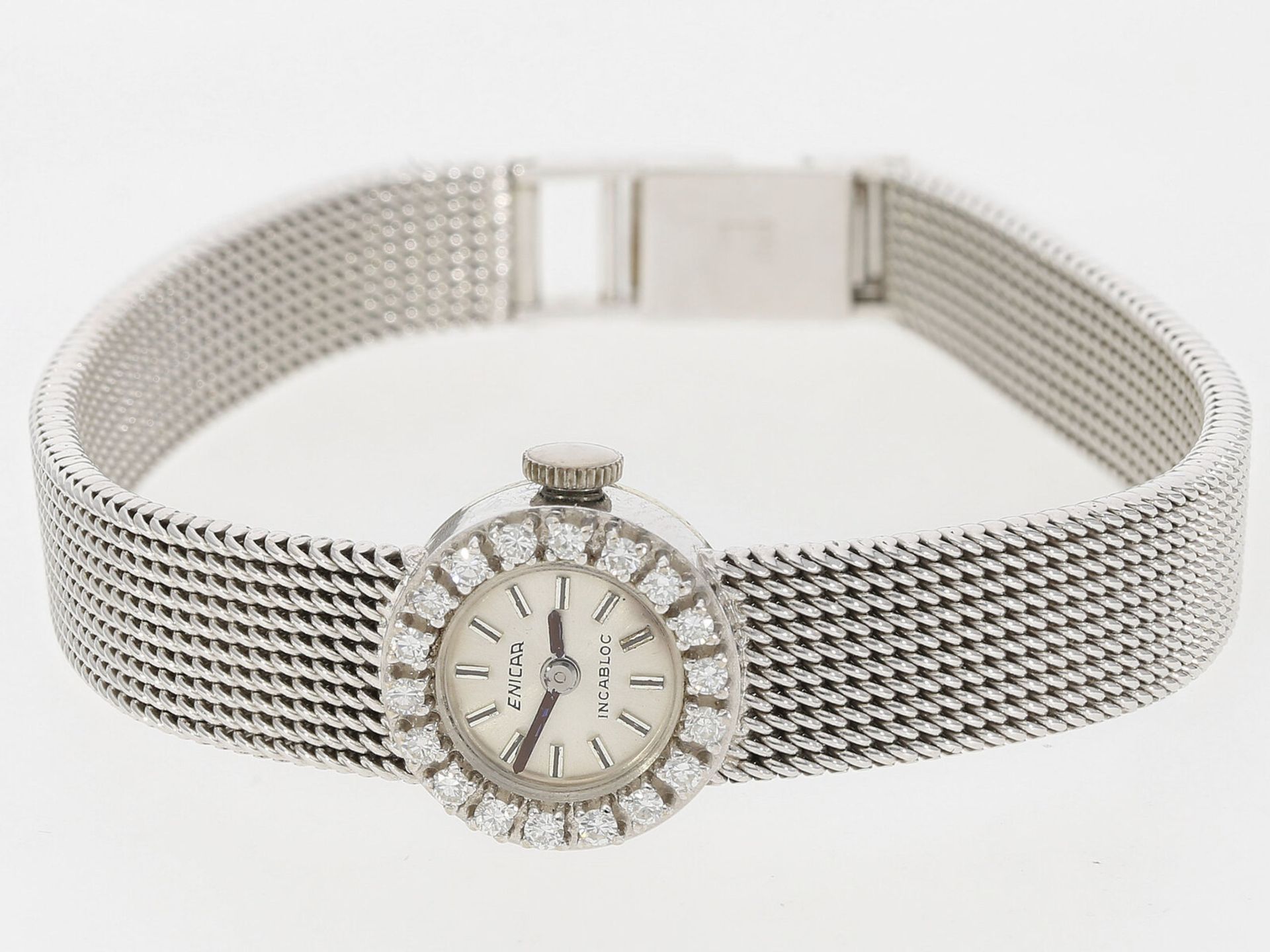 Armbanduhr: vintage Damenuhr der Marke Enicar, 18K Weißgold