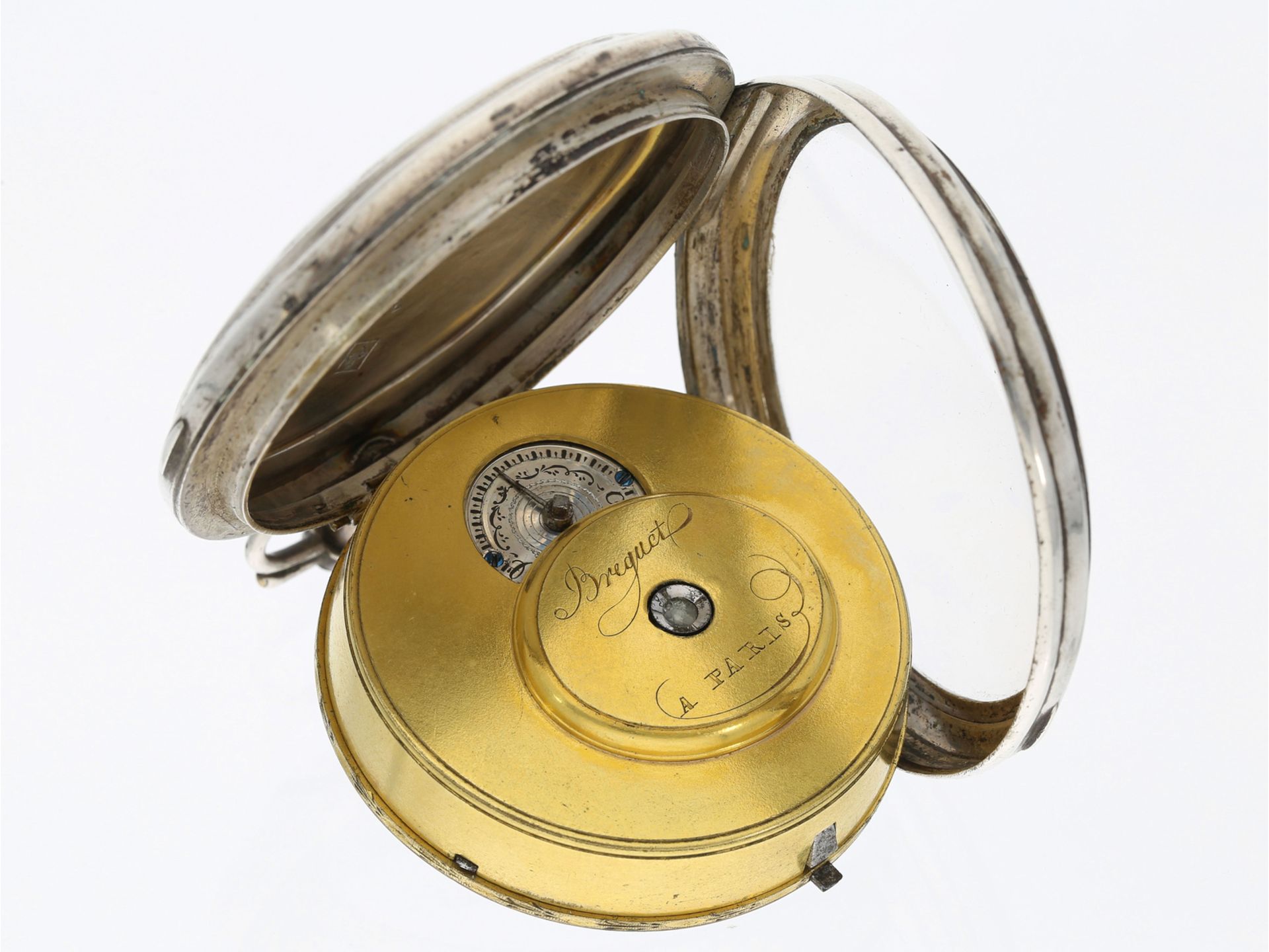 Taschenuhr: silberne Spindeluhr mit Datum, signiert Breguet a Paris - Bild 3 aus 4