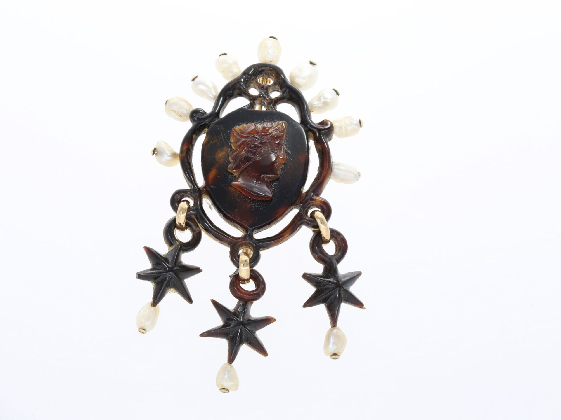 Brosche/Nadel: ungewöhnliche antike Kameebrosche, 18K Roségold, Schildpatt, Perlen, vermutlich 19. J - Bild 3 aus 3