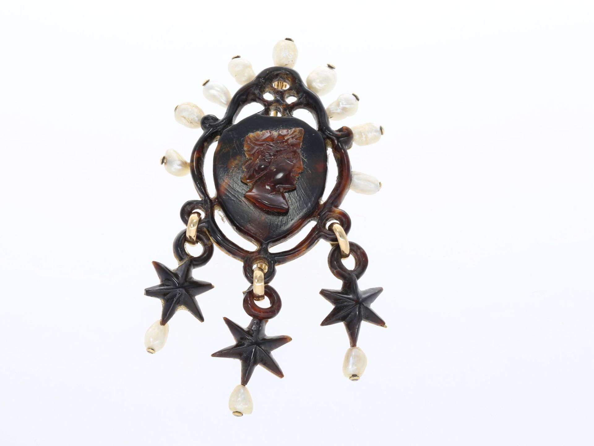 Brosche/Nadel: ungewöhnliche antike Kameebrosche, 18K Roségold, Schildpatt, Perlen, vermutlich 19. J