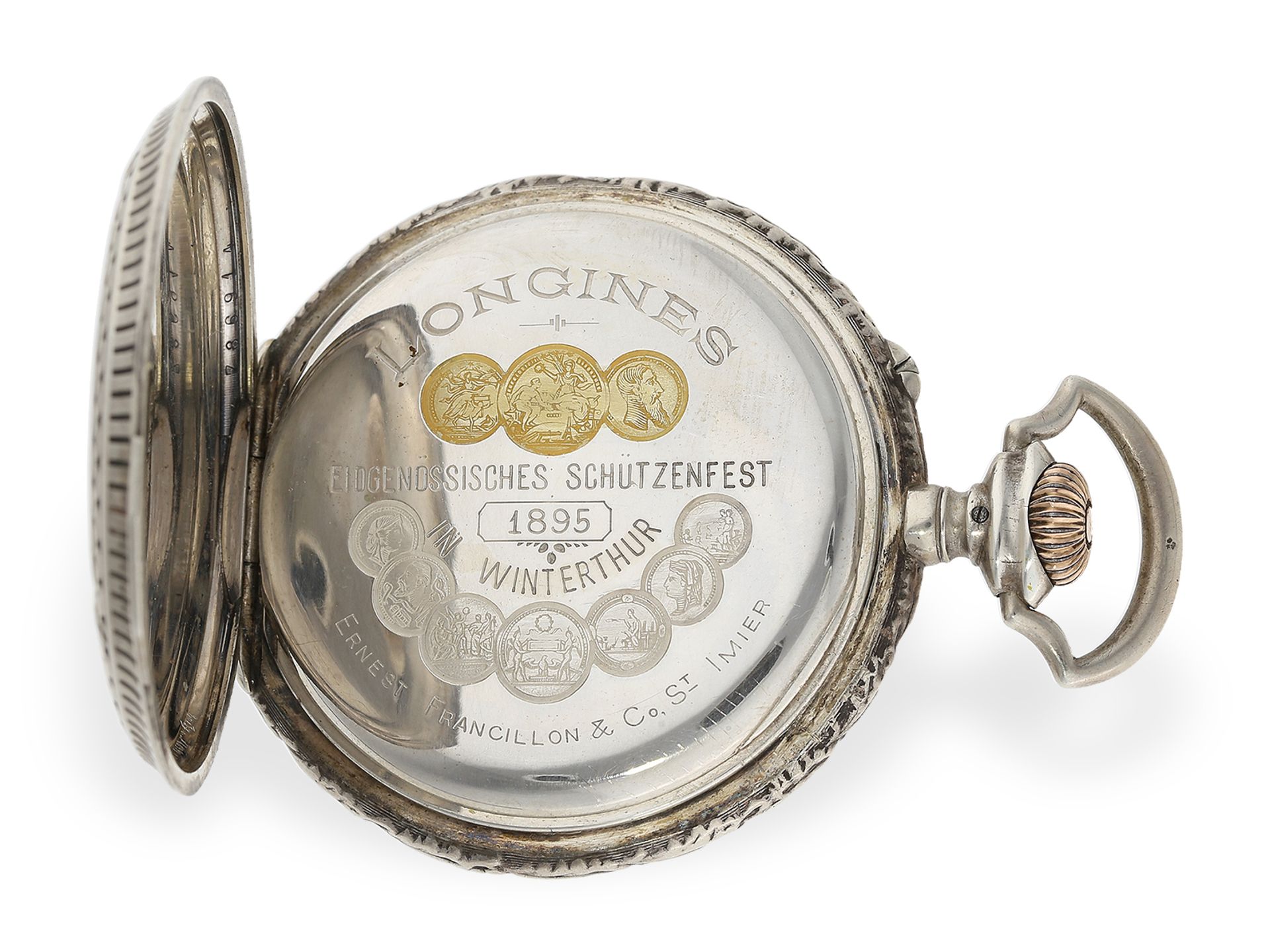 Taschenuhr: rare Longines Schützenuhr, Chronometer mit Originalbox und Originalpapieren, Winterthur, - Bild 4 aus 10