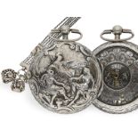 Taschenuhr: große englische Repoussé Doppelgehäuse-Spindeluhr mit Chatelaine, Leekey London, HM 1772