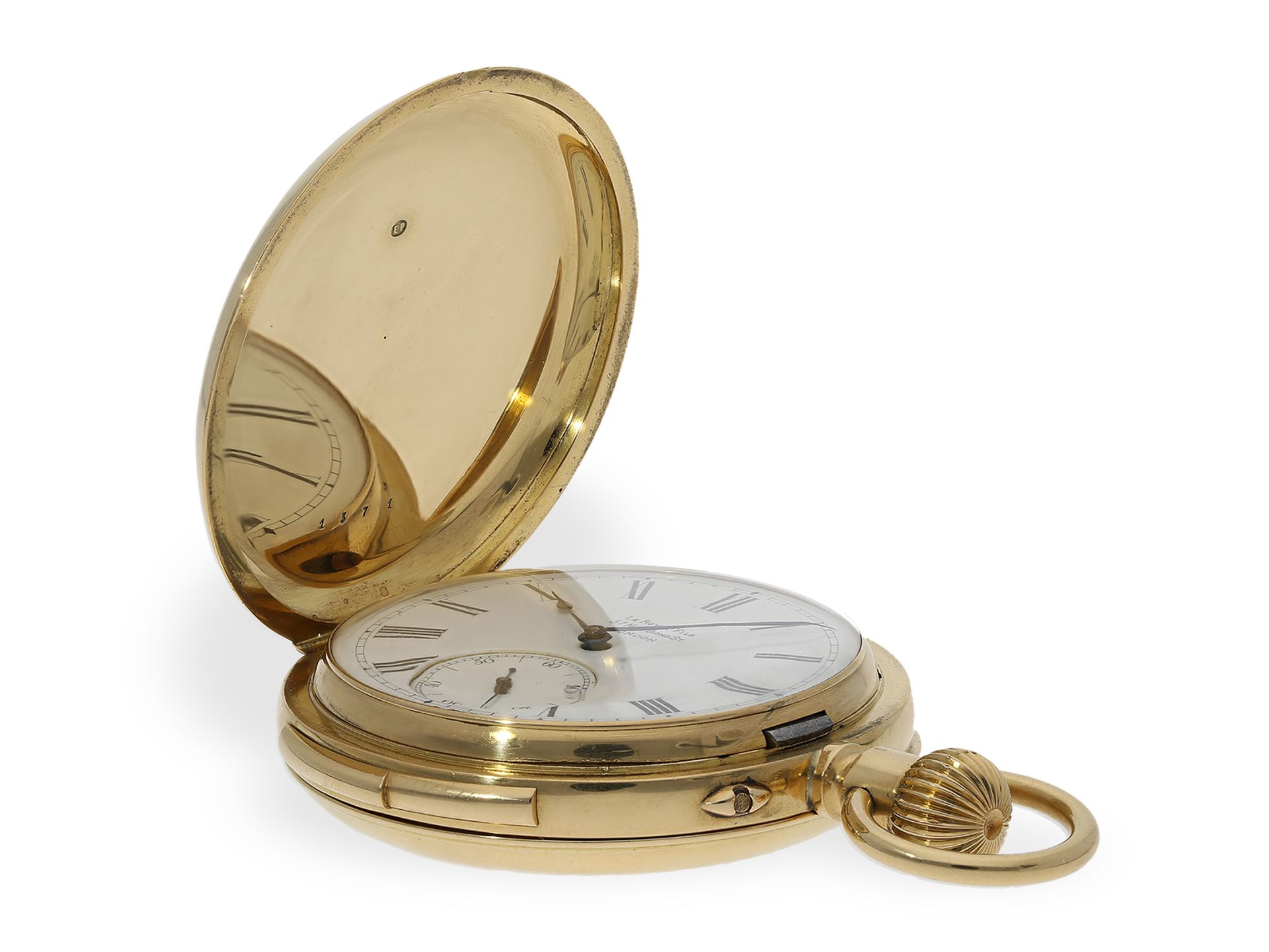 Pocket watch: heavy gold hunting case watch with minute repeater, Le Roy London No.1371 - Image 5 of 7