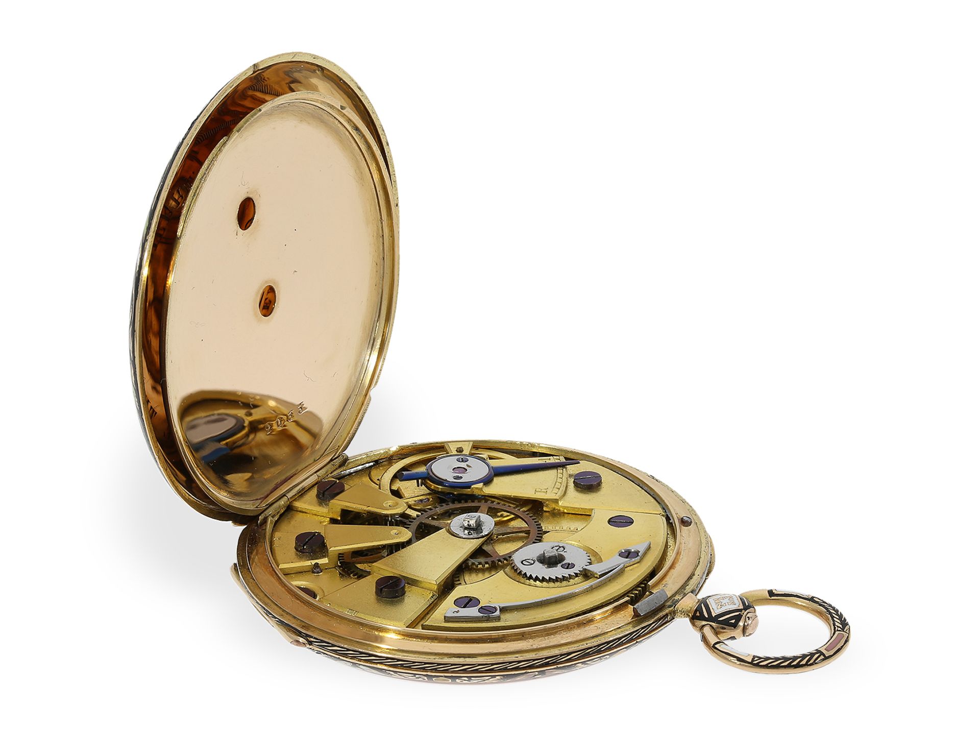 Taschenuhr: feine Lepine mit wunderbarem Gold/Emaillegehäuse, Schweiz, ca. 1830 - Bild 4 aus 6