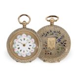 Taschenuhr: goldene Damenuhr mit besonders schönem Zifferblatt mit Emaillemalerei, ca. 1880