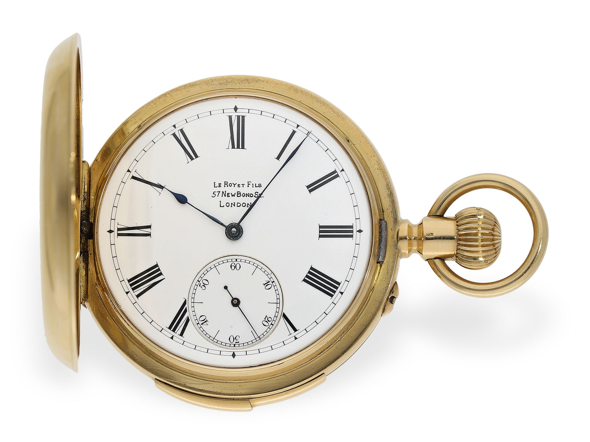 Pocket watch: heavy gold hunting case watch with minute repeater, Le Roy London No.1371