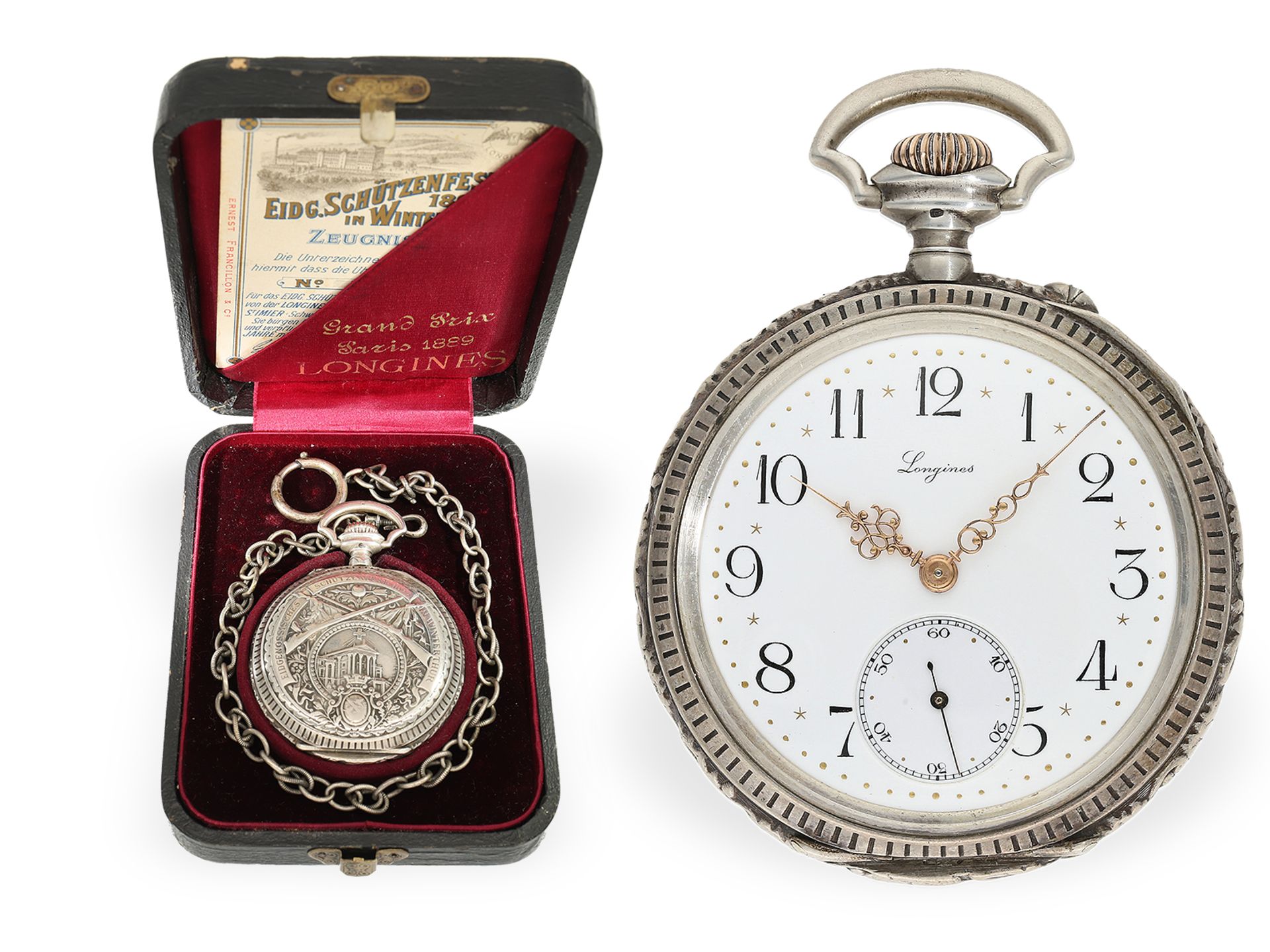 Taschenuhr: rare Longines Schützenuhr, Chronometer mit Originalbox und Originalpapieren, Winterthur,
