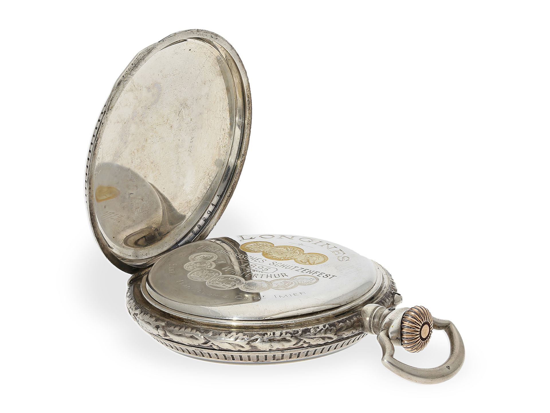 Taschenuhr: rare Longines Schützenuhr, Chronometer mit Originalbox und Originalpapieren, Winterthur, - Bild 6 aus 10