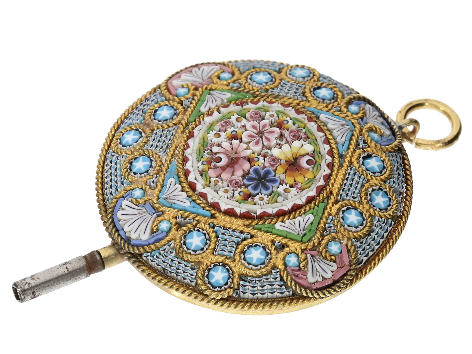 Uhrenschlüssel: extrem seltener Pietra-Dura Mikromosaik Spindeluhrenschlüssel, um 1800 - Bild 2 aus 3