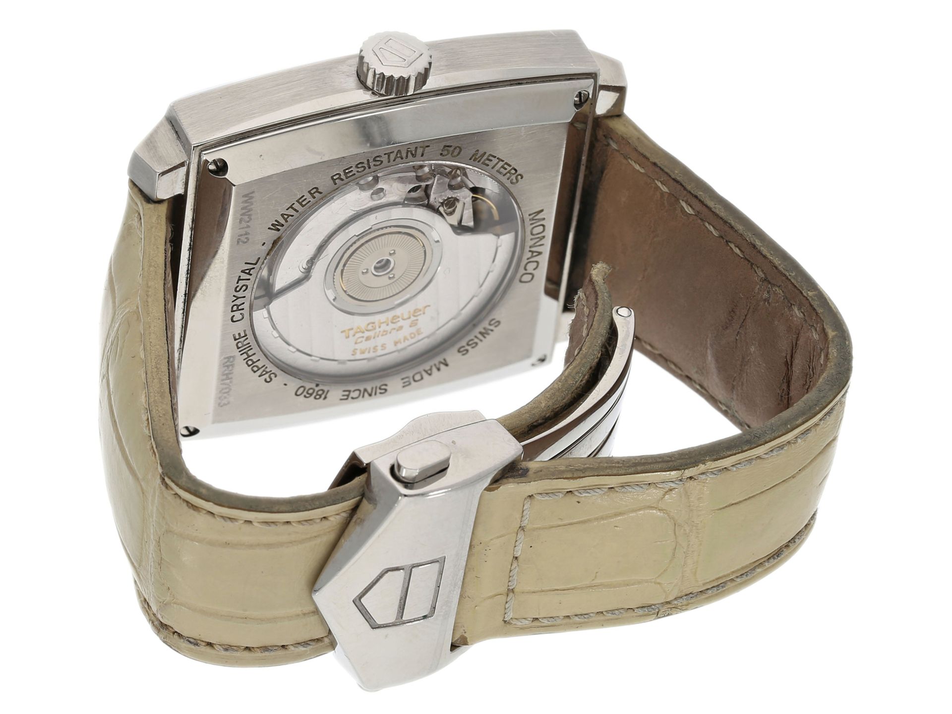 Armbanduhr: automatische TAG Heuer Monaco in Edelstahl mit Perlmutt-Zifferblatt, Ref: WW 2112 - Bild 4 aus 5