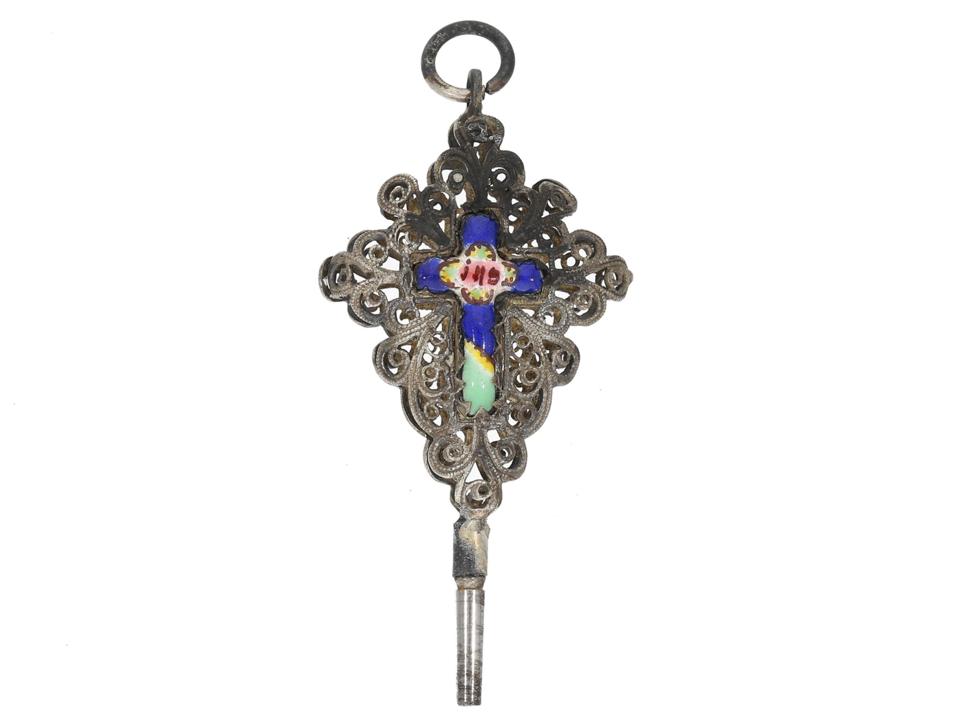 Spindeluhrenschlüssel: sehr seltener emaillierter Uhrenschlüssel mit christlichem Motiv, ca. 1800 - Bild 2 aus 2