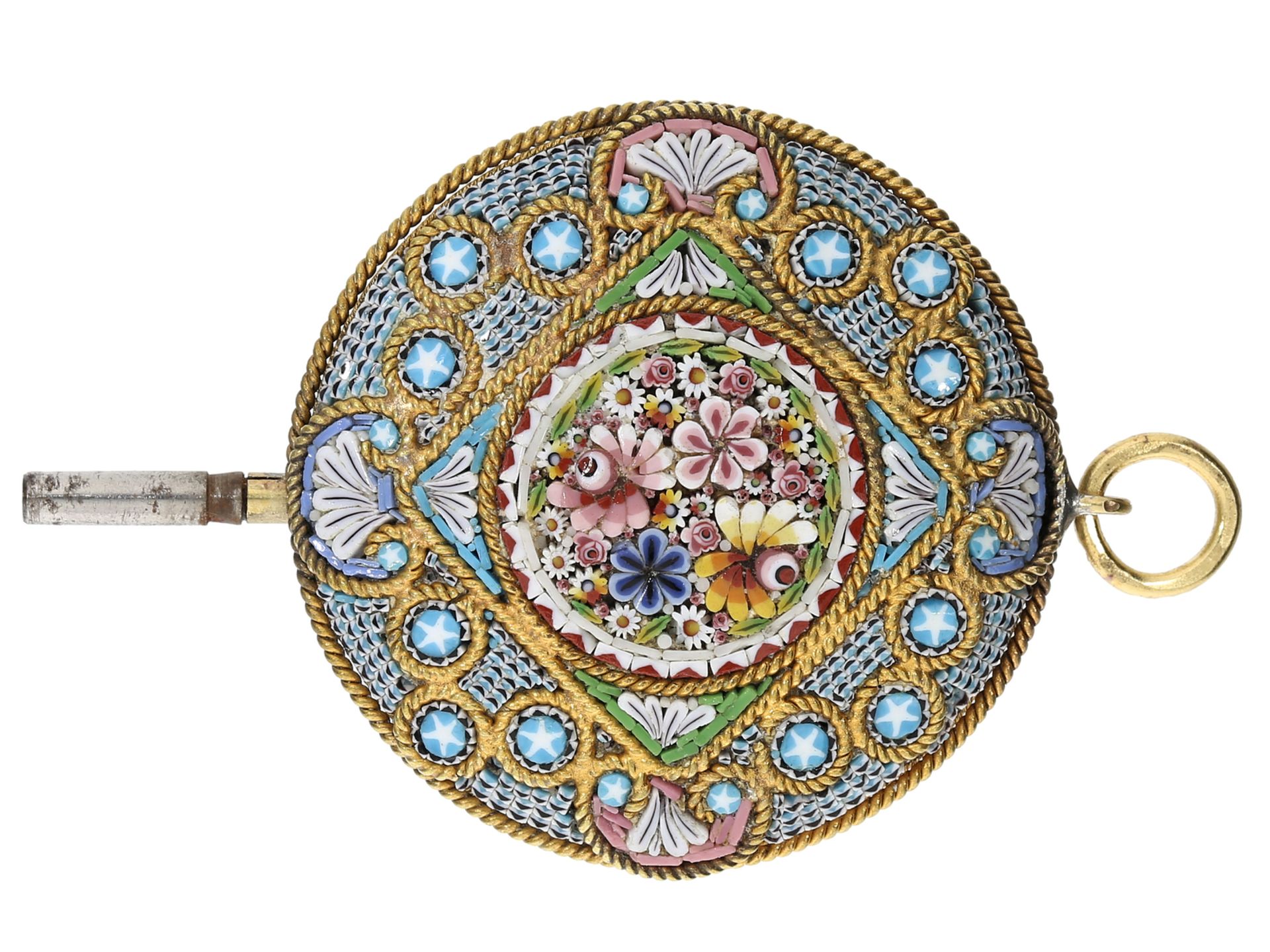 Uhrenschlüssel: extrem seltener Pietra-Dura Mikromosaik Spindeluhrenschlüssel, um 1800