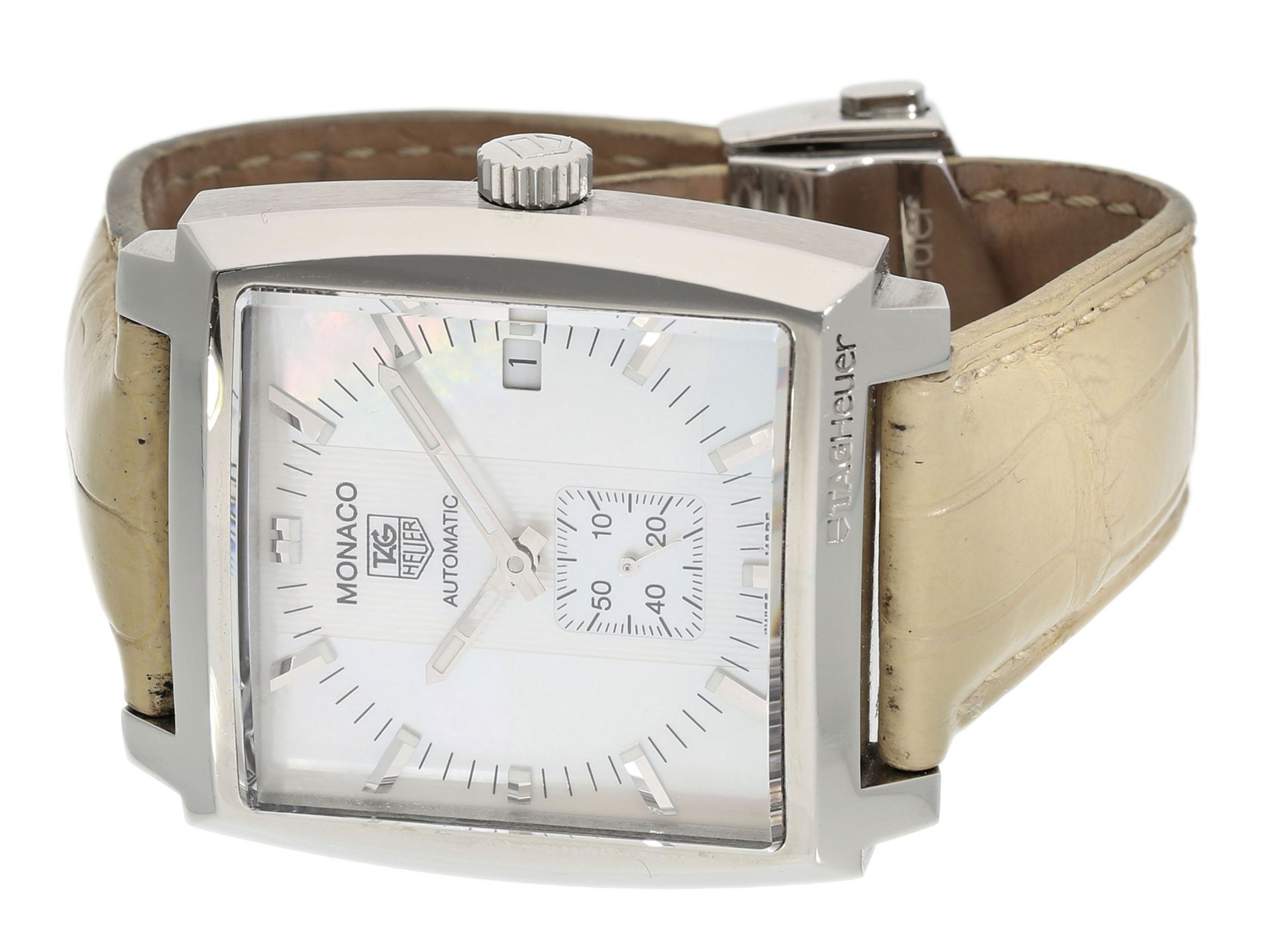 Armbanduhr: automatische TAG Heuer Monaco in Edelstahl mit Perlmutt-Zifferblatt, Ref: WW 2112 - Bild 3 aus 5