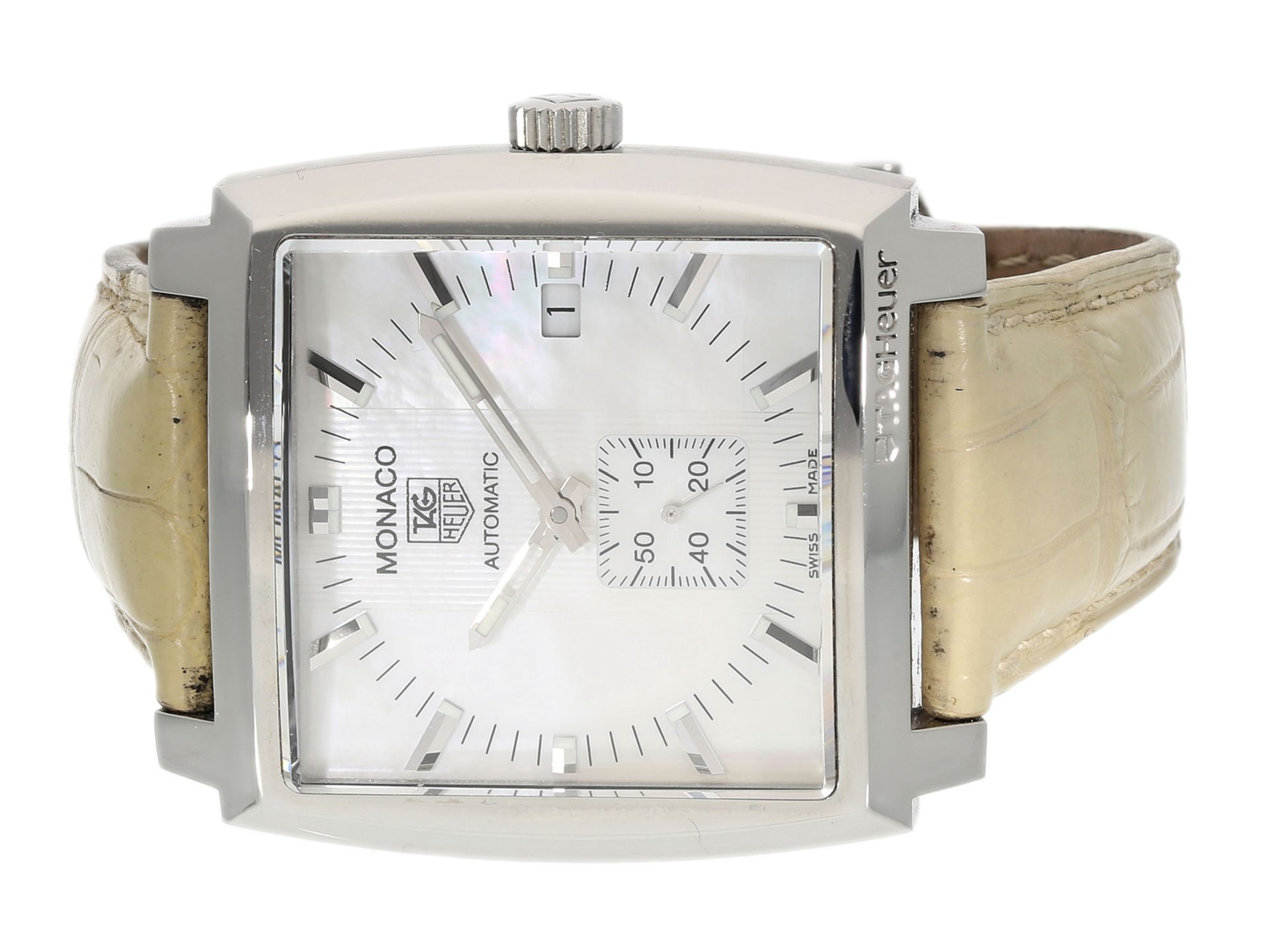 Armbanduhr: automatische TAG Heuer Monaco in Edelstahl mit Perlmutt-Zifferblatt, Ref: WW 2112 - Bild 2 aus 5