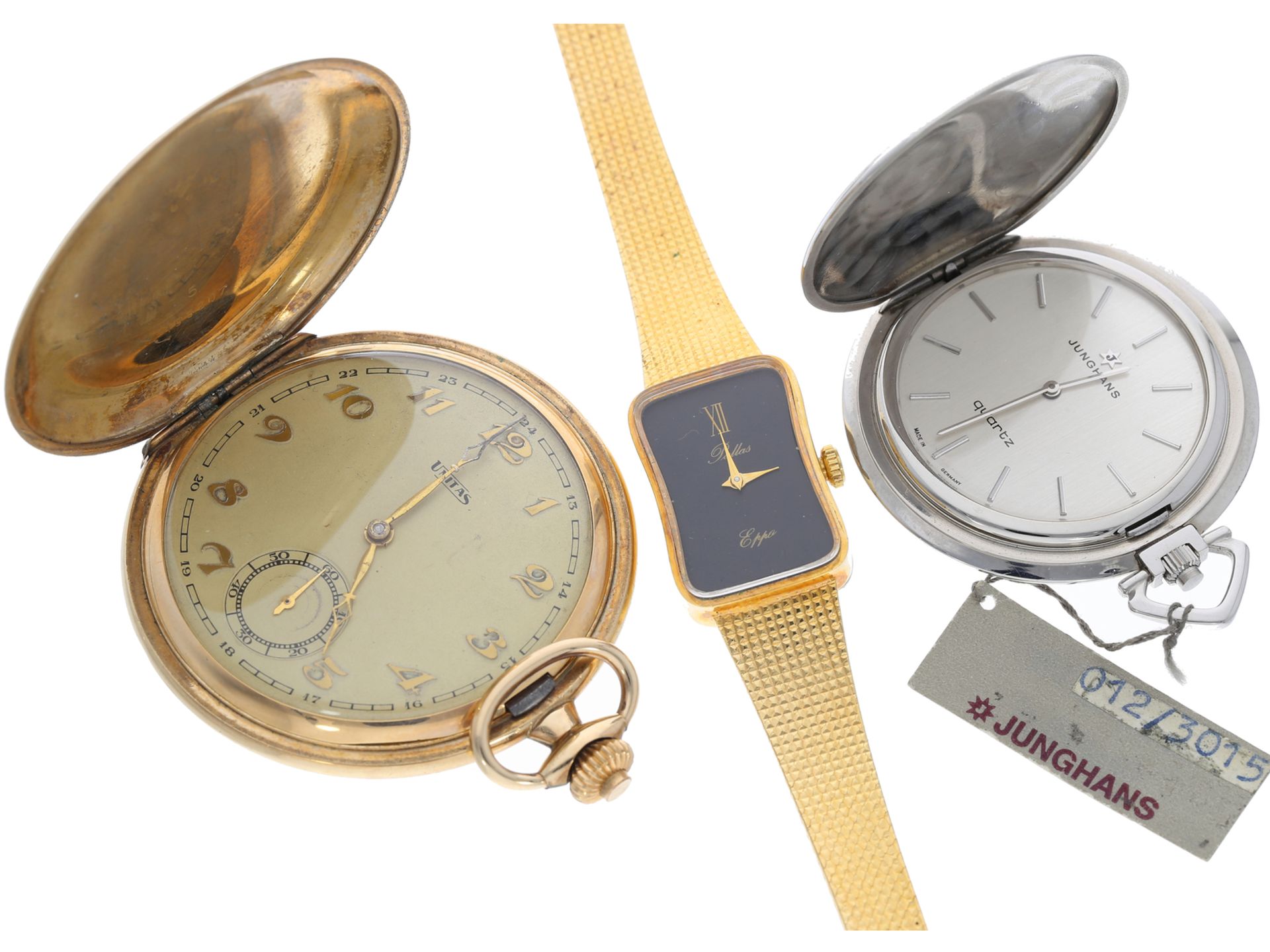 Konvolut aus 2 Taschenuhren und einer Armbanduhr, teilweise new-old-stock mit Originaletikett