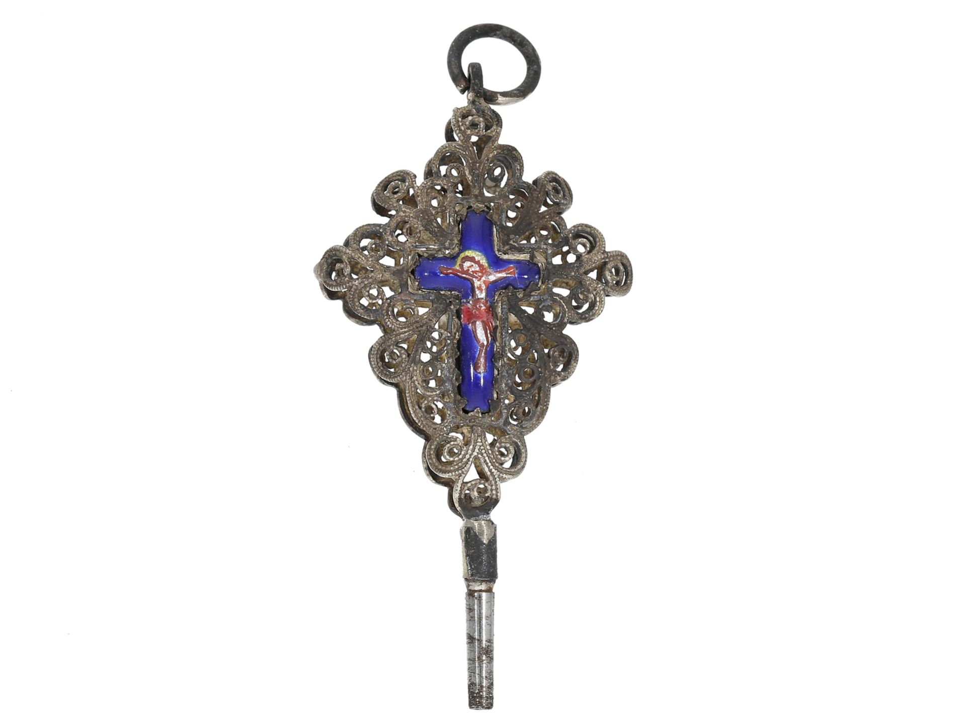 Spindeluhrenschlüssel: sehr seltener emaillierter Uhrenschlüssel mit christlichem Motiv, ca. 1800