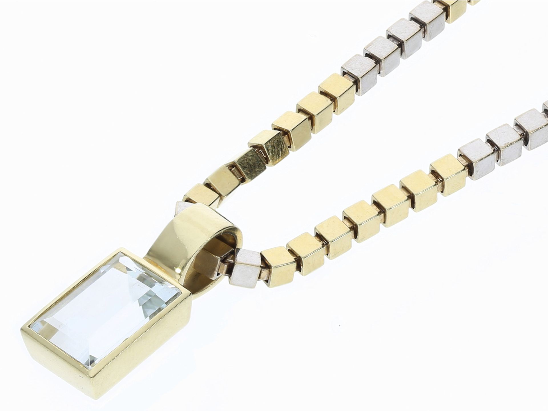 Ausgefallenes, ehemals teures Bicolor-Goldcollier mit schönem Aquamarin-Anhänger, Binder Pforzheim