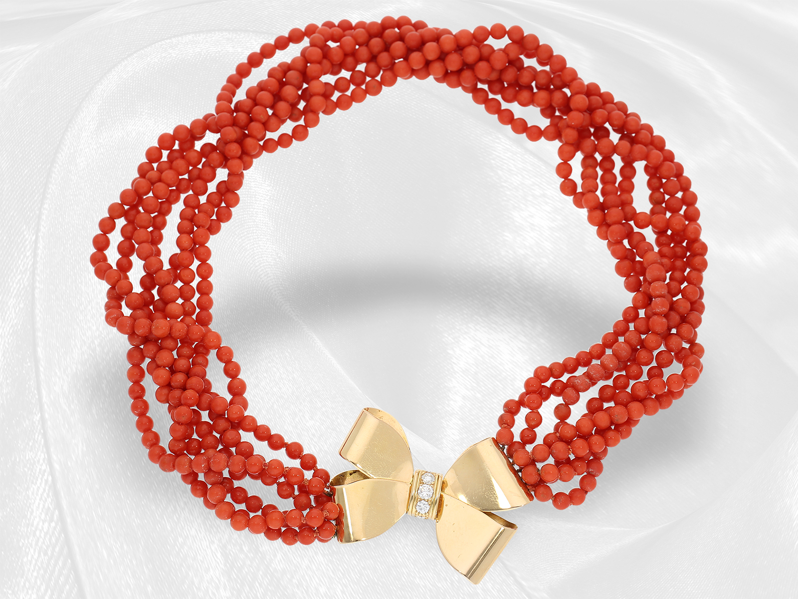 Fancy rare vintage multi row coral necklace with handmade designer diamond clasp, 18K gold