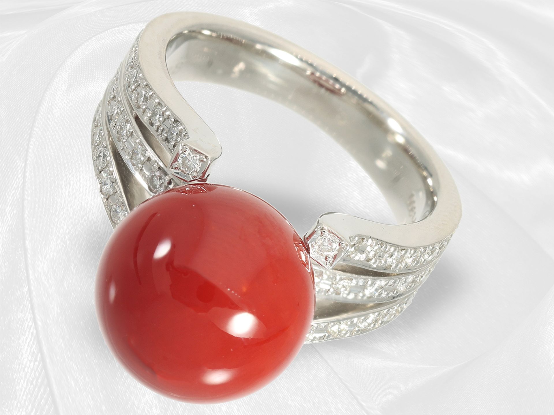 Ring: high quality brilliant-cut diamond ring with coral ball, like new handmade from platinum