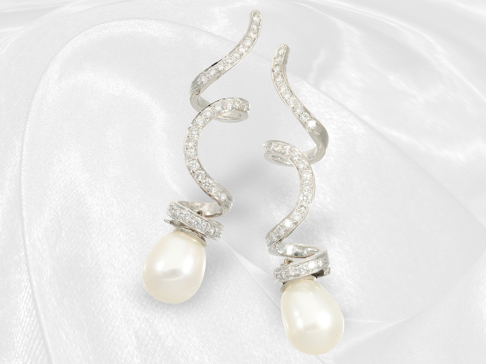 Very fancy and high quality designer stud earrings with cultured pearls and brilliant-cut diamonds, 