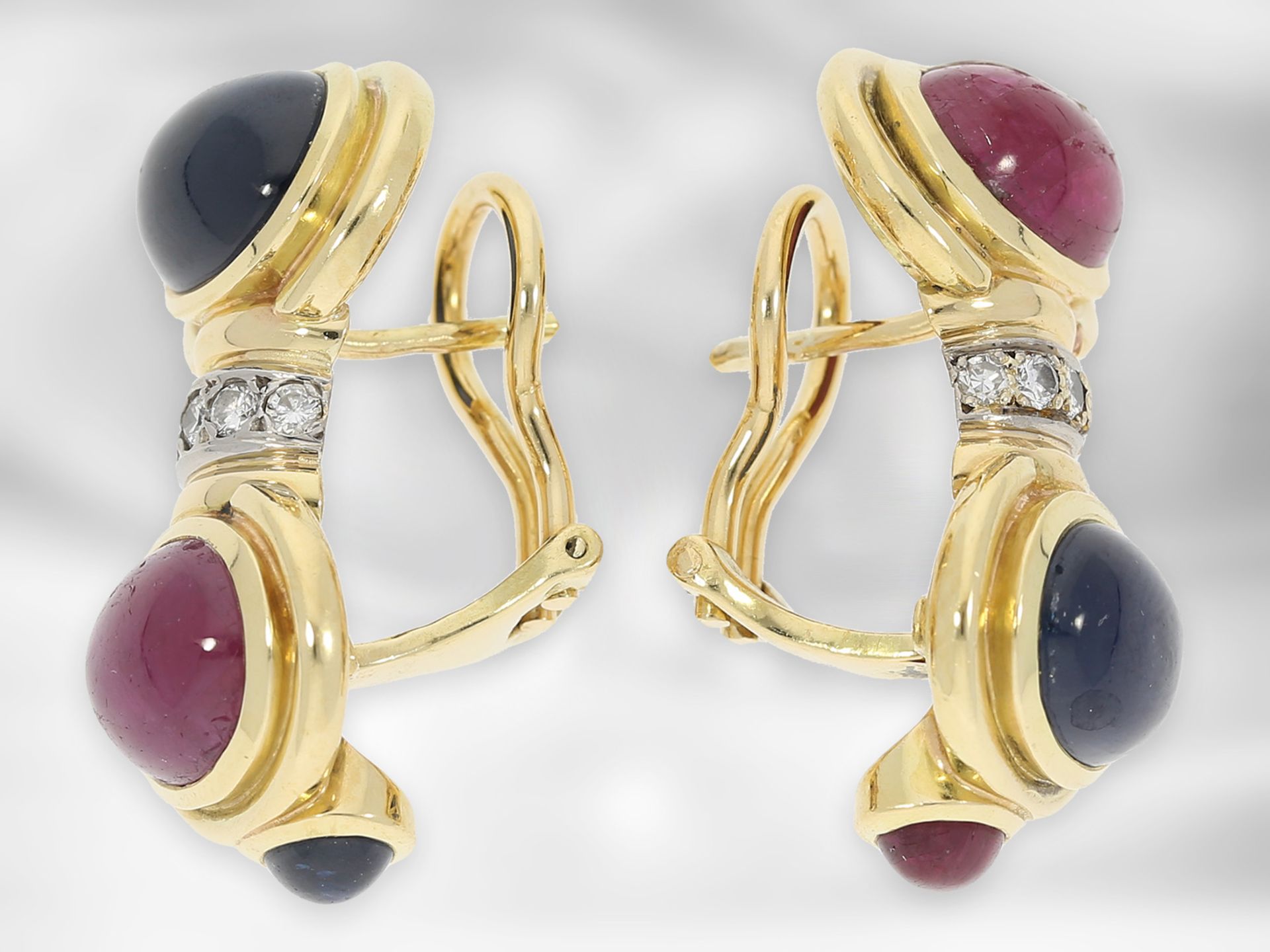 Earrings: high-quality goldsmith's work, ruby/sapphire clips with diamonds, total approx. 15.76ct, 1 - Image 2 of 2