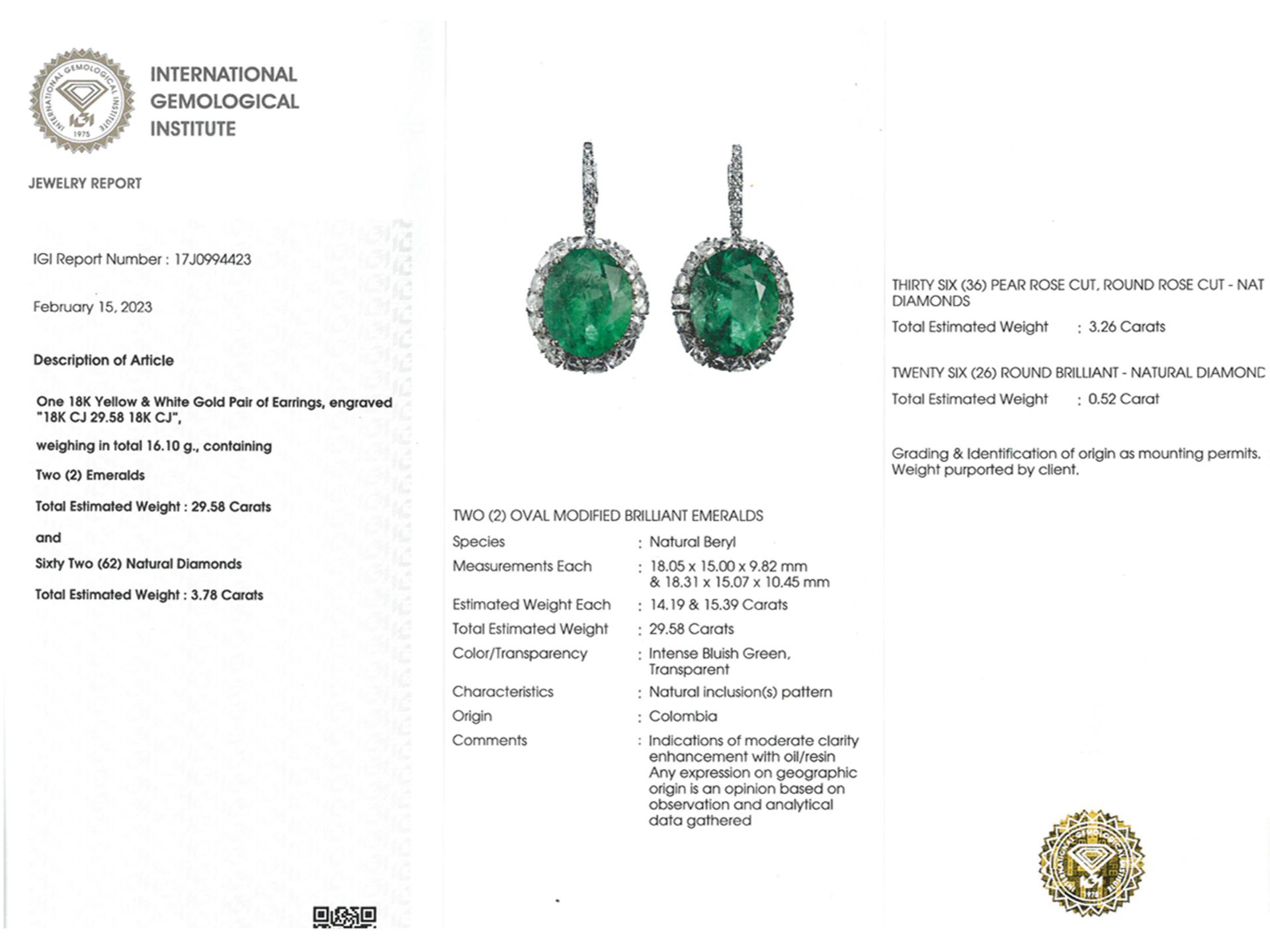 Ohrringe: sehr hochwertiger Smaragdschmuck, kolumbianische Smaragde von 29,58ct, IGI Report - Bild 4 aus 4