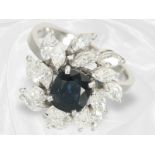 Ring: hochwertiger Blütenring mit schönem Saphir und Brillantbesatz, ca. 3,36ct