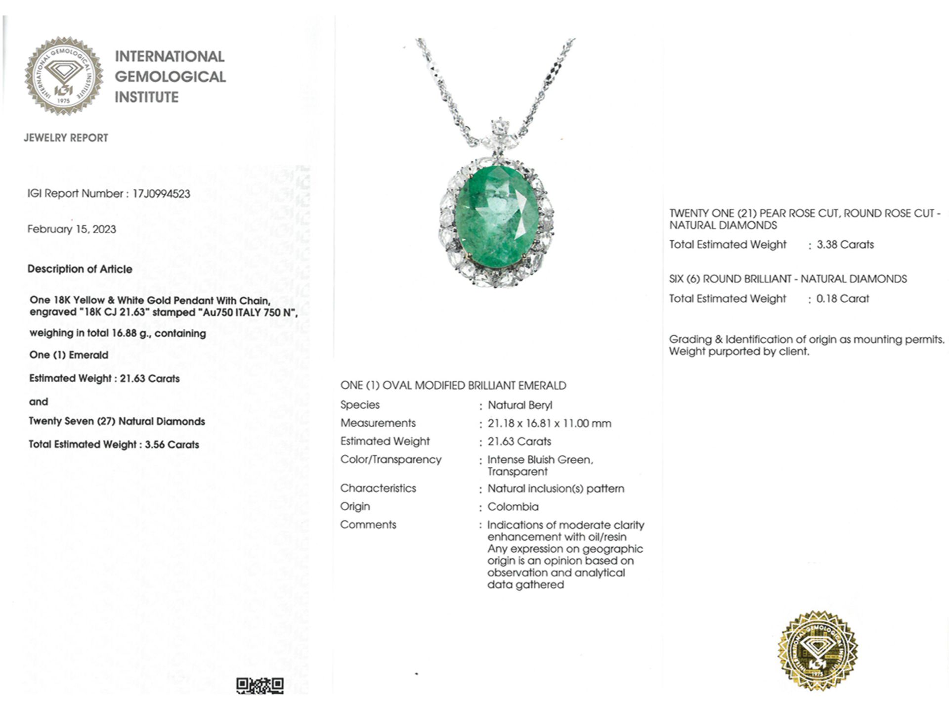 Kette/Anhänger: sehr hochwertiger Smaragdschmuck, columbianischer Smaragd von 21.63ct, IGI Report - Bild 2 aus 4