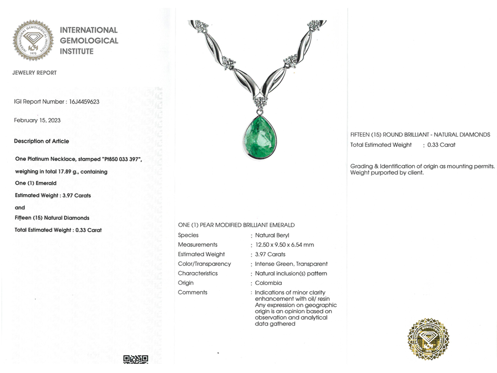 Necklace: very fine platinum necklace with certified Colombian emerald "Minor" of 3.97ct, IGI Report - Image 2 of 4