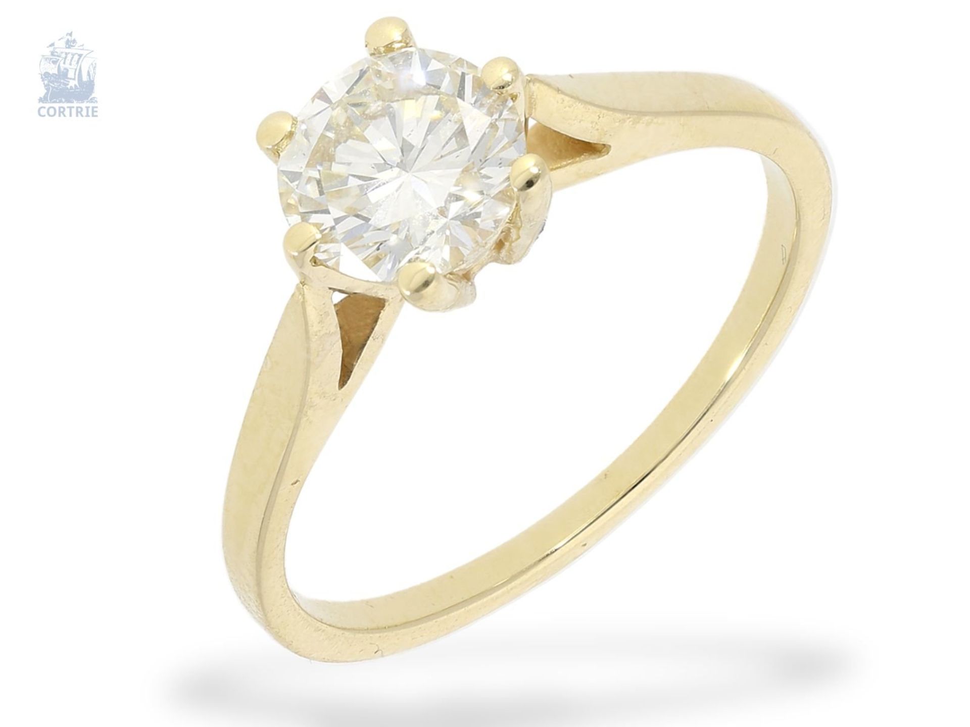 Ring: goldener Solitär/Brillant-Goldschmiedering mit feinem Brillant von 1,06ct