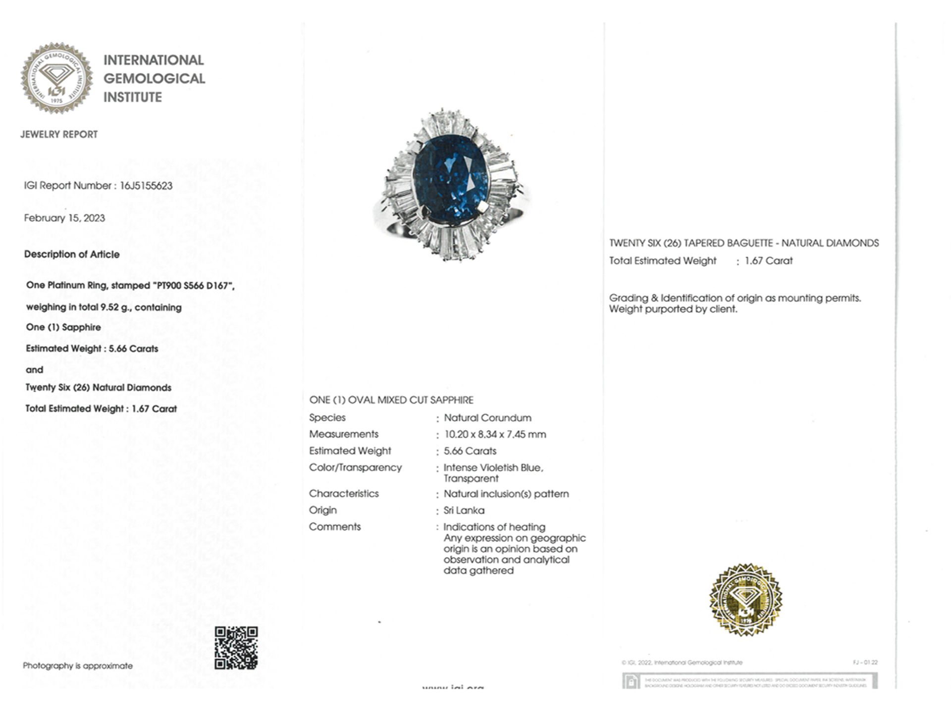 Ring: wertvoller Platin Ballerina-Ring mit zertifiziertem Ceylon-Saphir "Intense" 5,66ct, IGI Report - Bild 6 aus 7