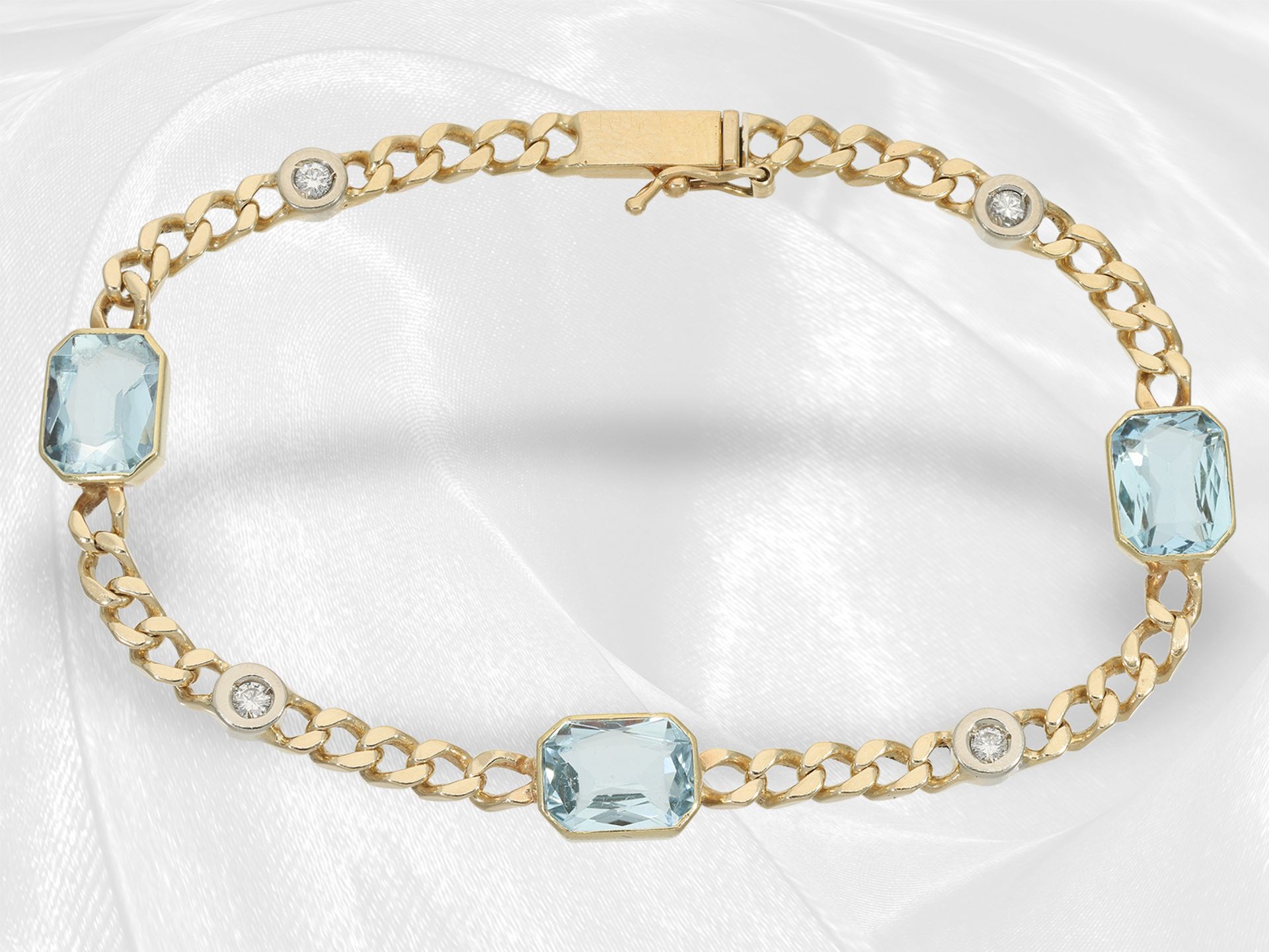 Vintage Goldschmiede-Armband mit schönem Aquamarin- und Brillantbesatz, 14K Gold