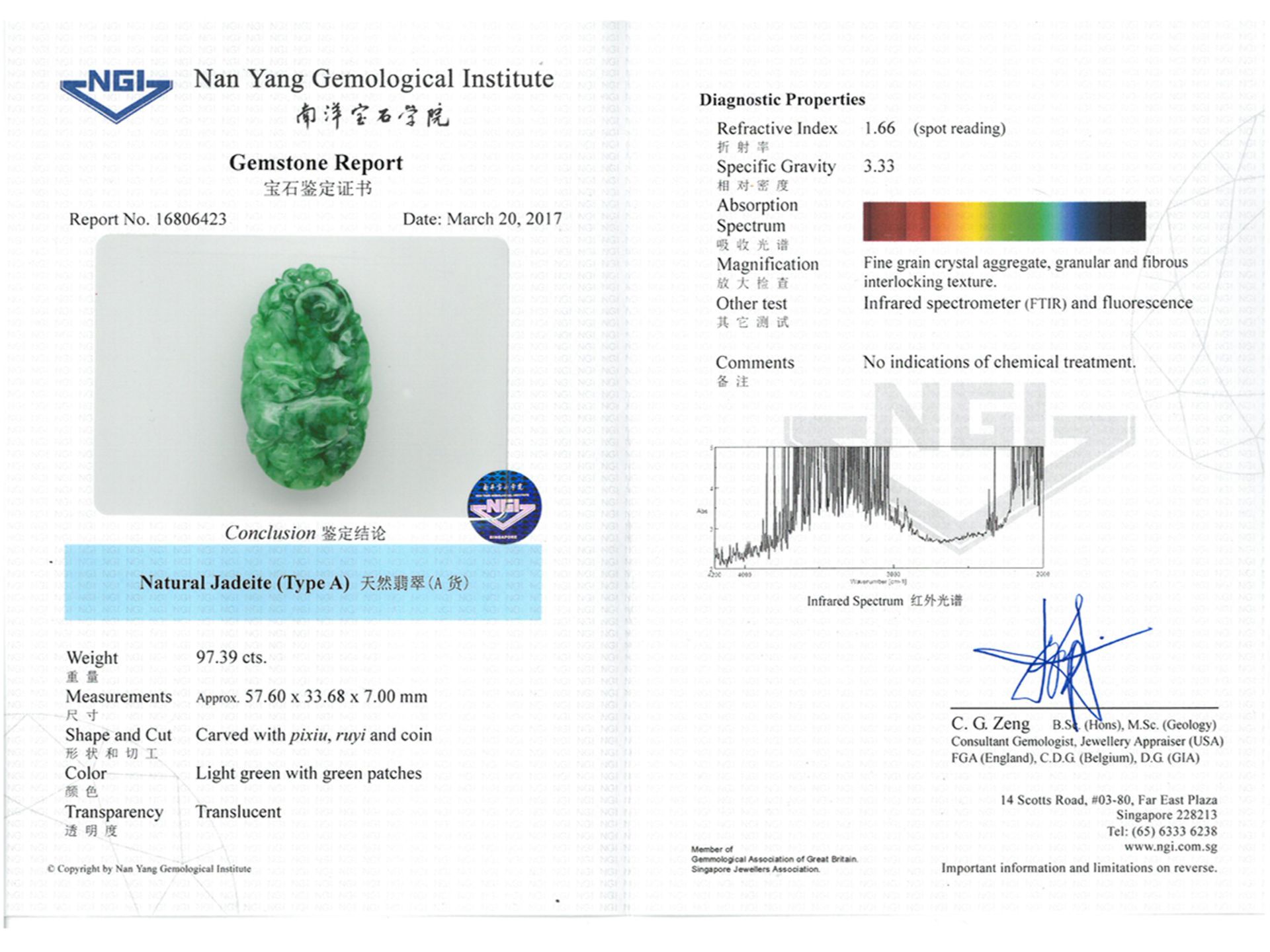 Anhänger: hochfeiner Anhänger aus geschnittener Jade, unbehandelt, 97,39ct, mit Zertifikat - Bild 7 aus 7