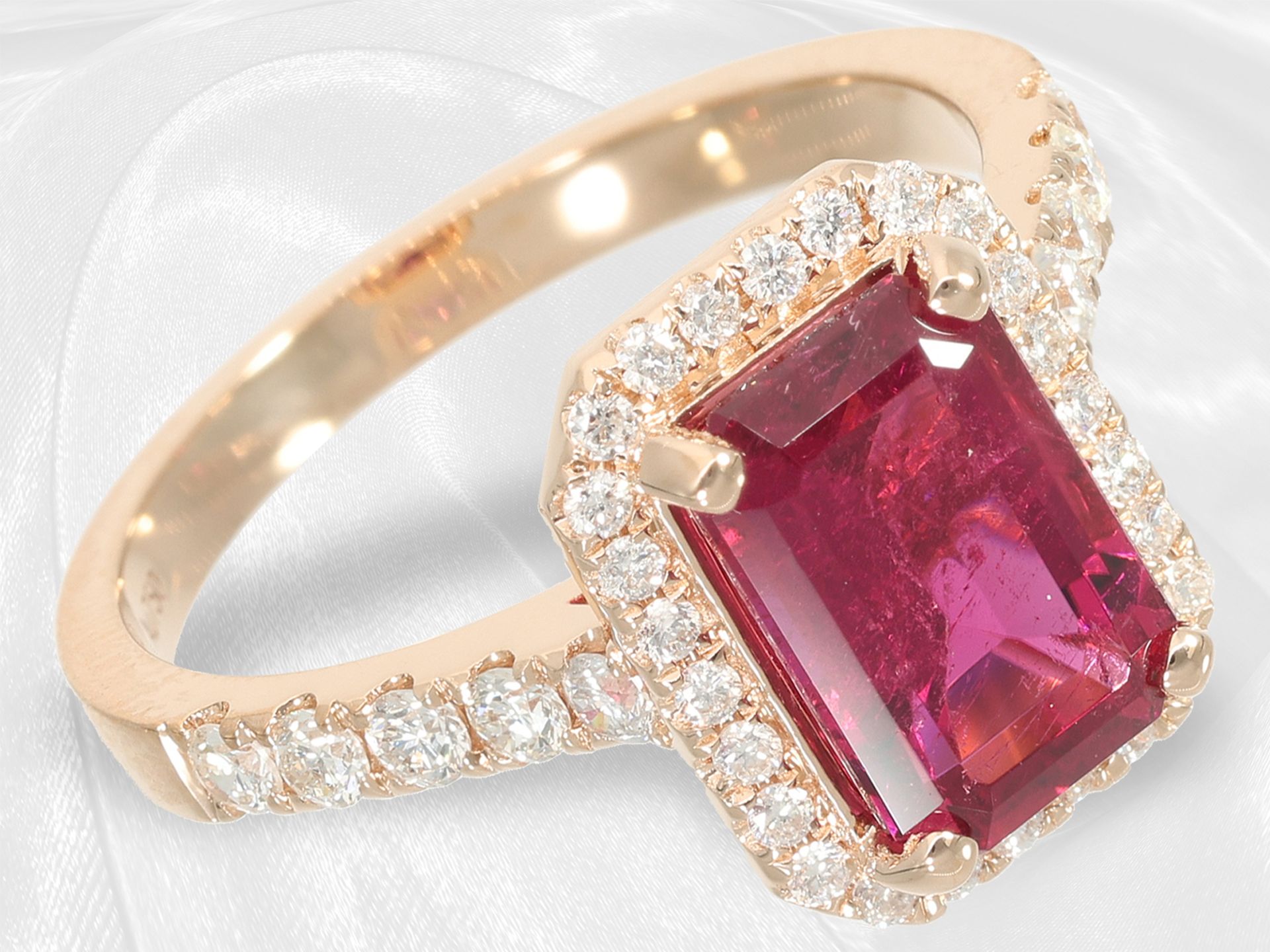 Precious, like new and very beautiful rubellite/brilliant-cut diamond goldsmith ring, 18K pink gold - Image 4 of 4