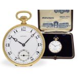 Taschenuhr: elegante Movado Frackuhr mit Präzisionswerk, Originalbox und Originalpapiere, ca. 1925