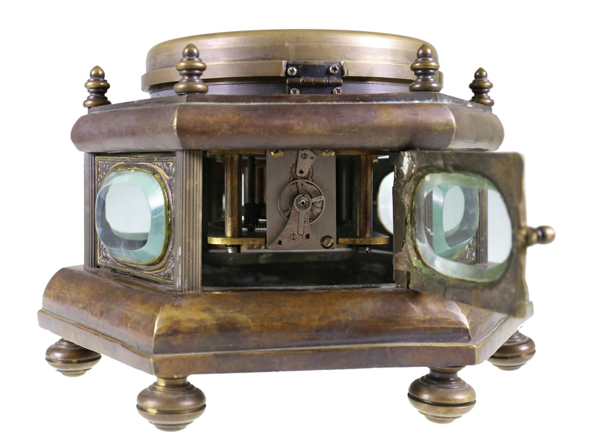 Tischuhr: ungewöhnliche 6-eckige Horizontal-Tischuhr, um 1900 - Bild 3 aus 4