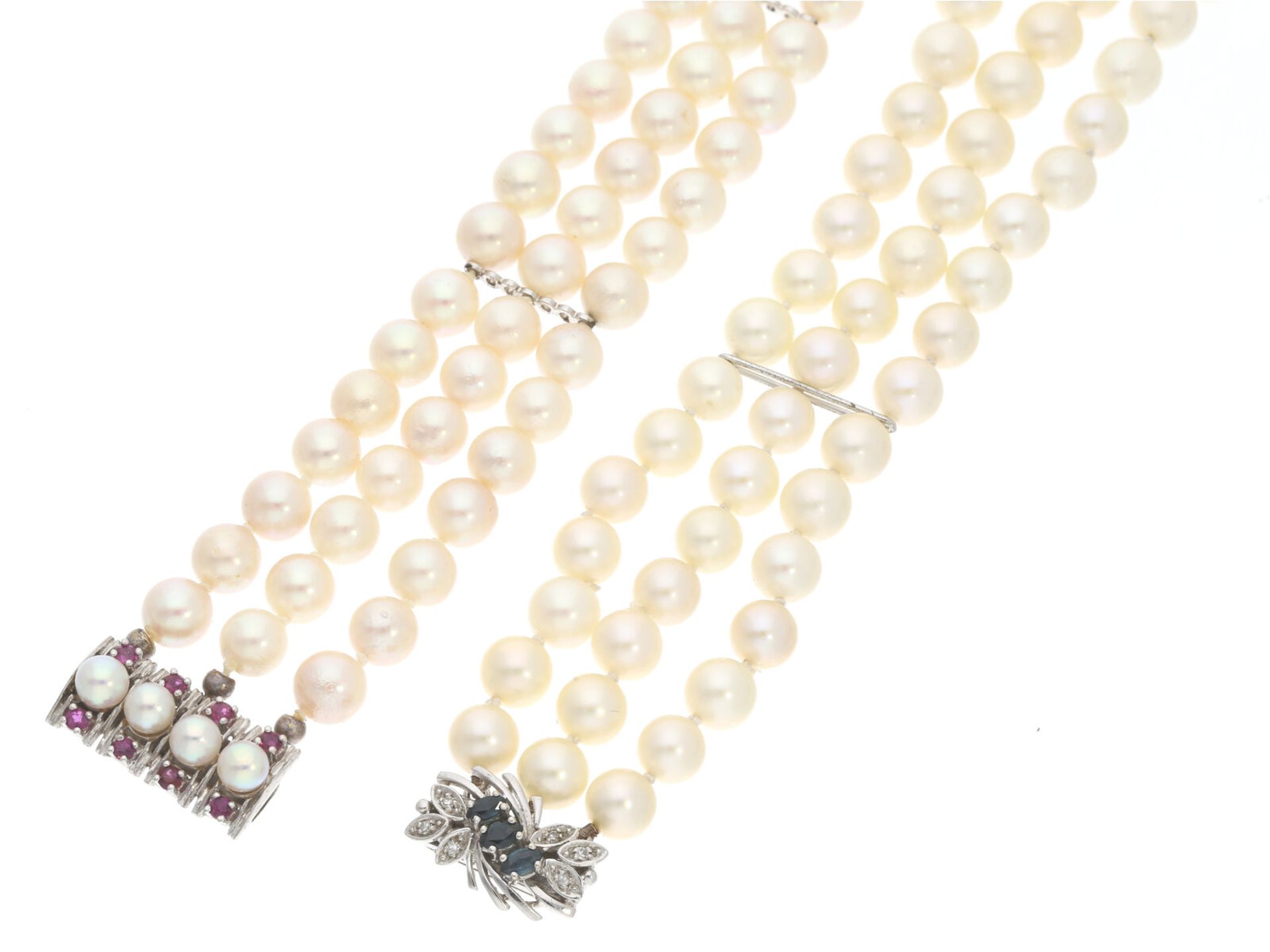 2 mehrreihige vintage Perlen-Armbänder mit 14K Weißgold-Schließen