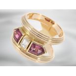 Ring: unikater Designerring mit pinkfarbenen Turmalinen und einem schönen Diamanten im Emerald-Cut,