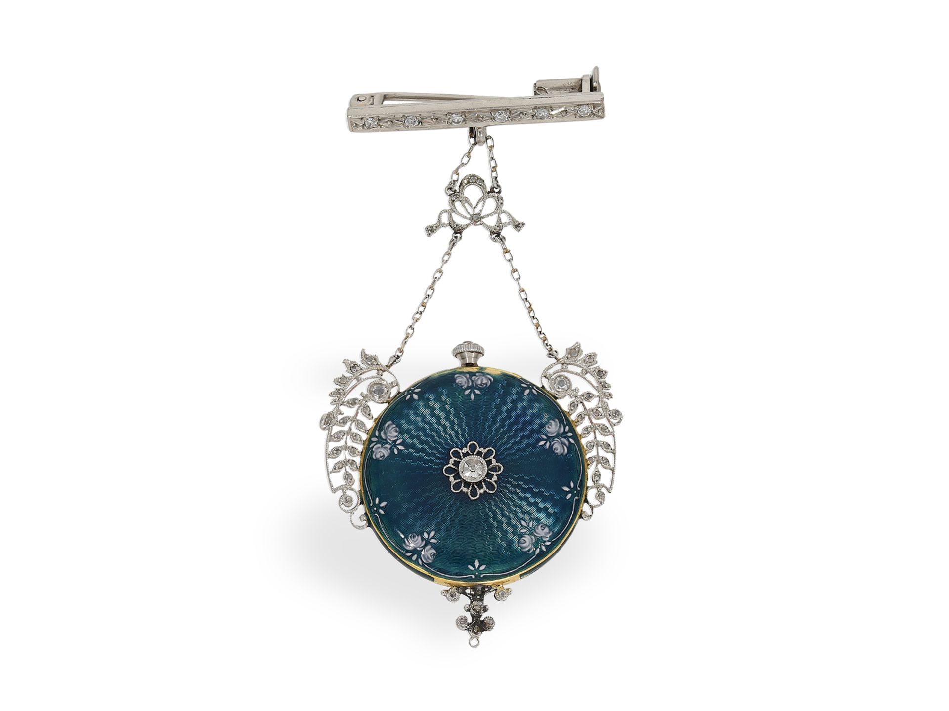 Highly refined Art Nouveau pendant watch/brooch watch, gold/platinum/enamel with diamond setting, Mo