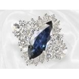 Ring: hochfeiner Goldschmiedering mit blauem Farbstein und Brillanten von ca. 2,5ct, Platin