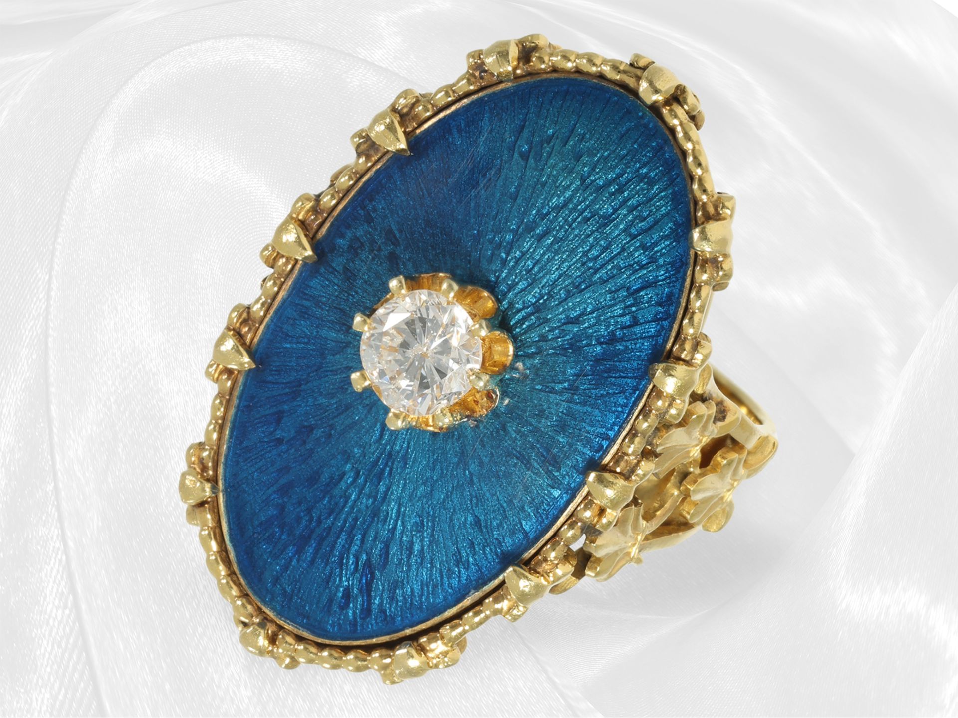 Interestingly made antique enamel/brilliant-cut diamond goldsmith's ring, old handwork in 18K gold