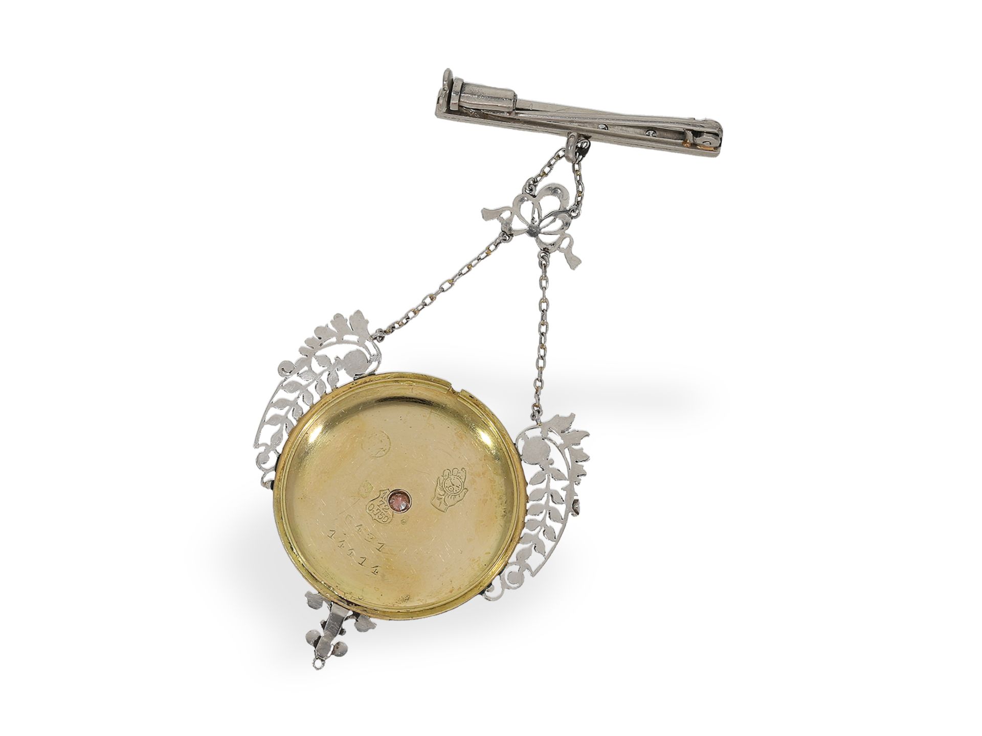 Highly refined Art Nouveau pendant watch/brooch watch, gold/platinum/enamel with diamond setting, Mo - Image 3 of 4