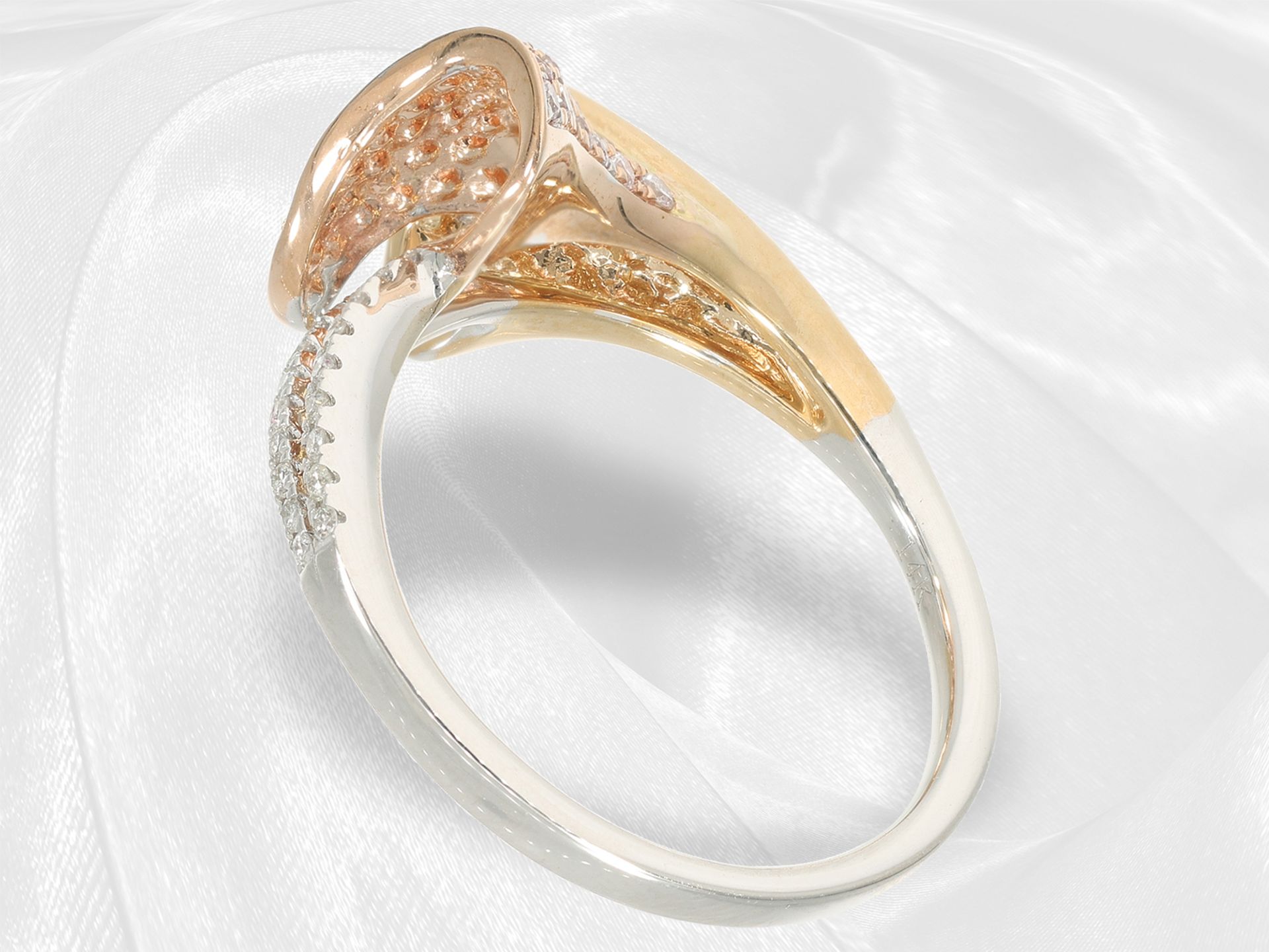Ring: neuwertiger eleganter Tricolor-Brillantring, weiße, gelbe und pinke Brillanten - Bild 5 aus 5