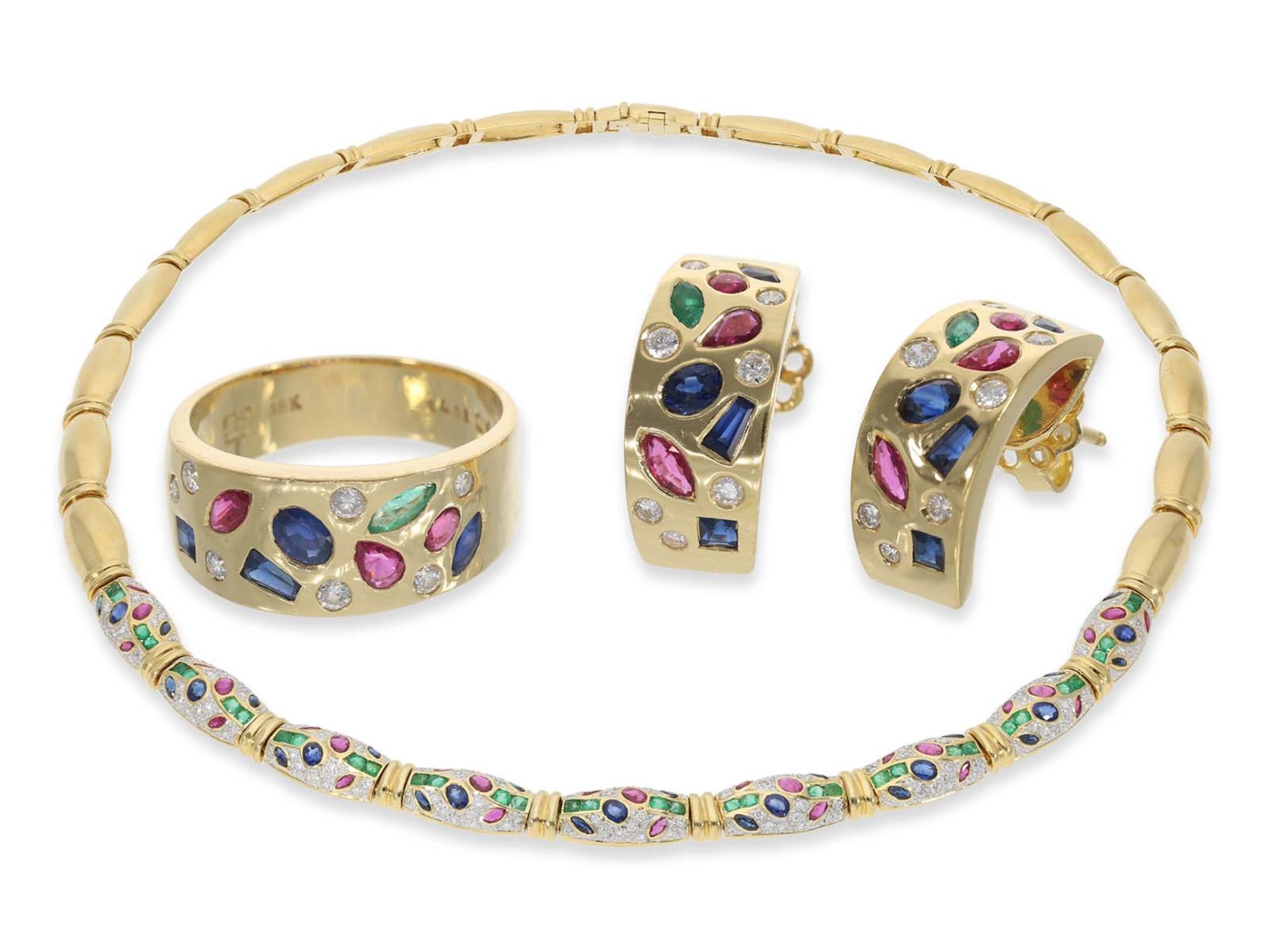 Necklace/Collier/Earrings/Ring: high quality and decorative multicolor 18K gold jewelry set with col